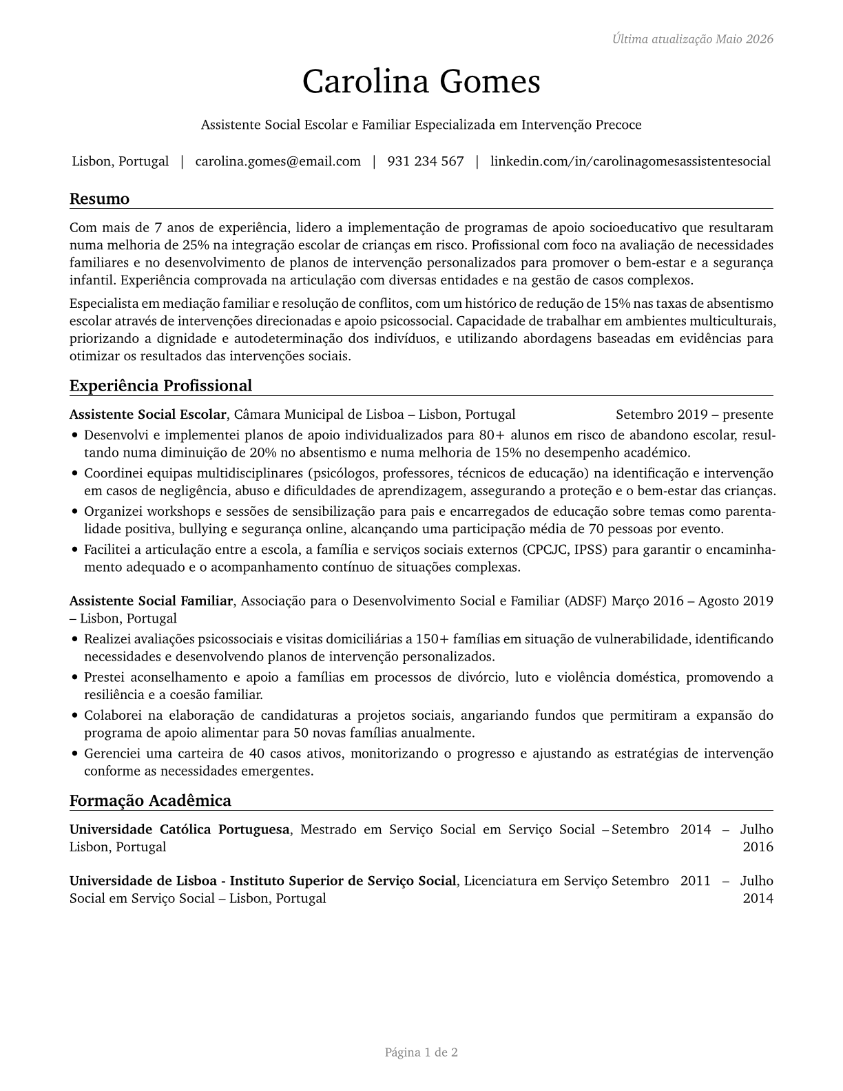 Child, Family, and School Social Workers CV in Portuguese — page 1