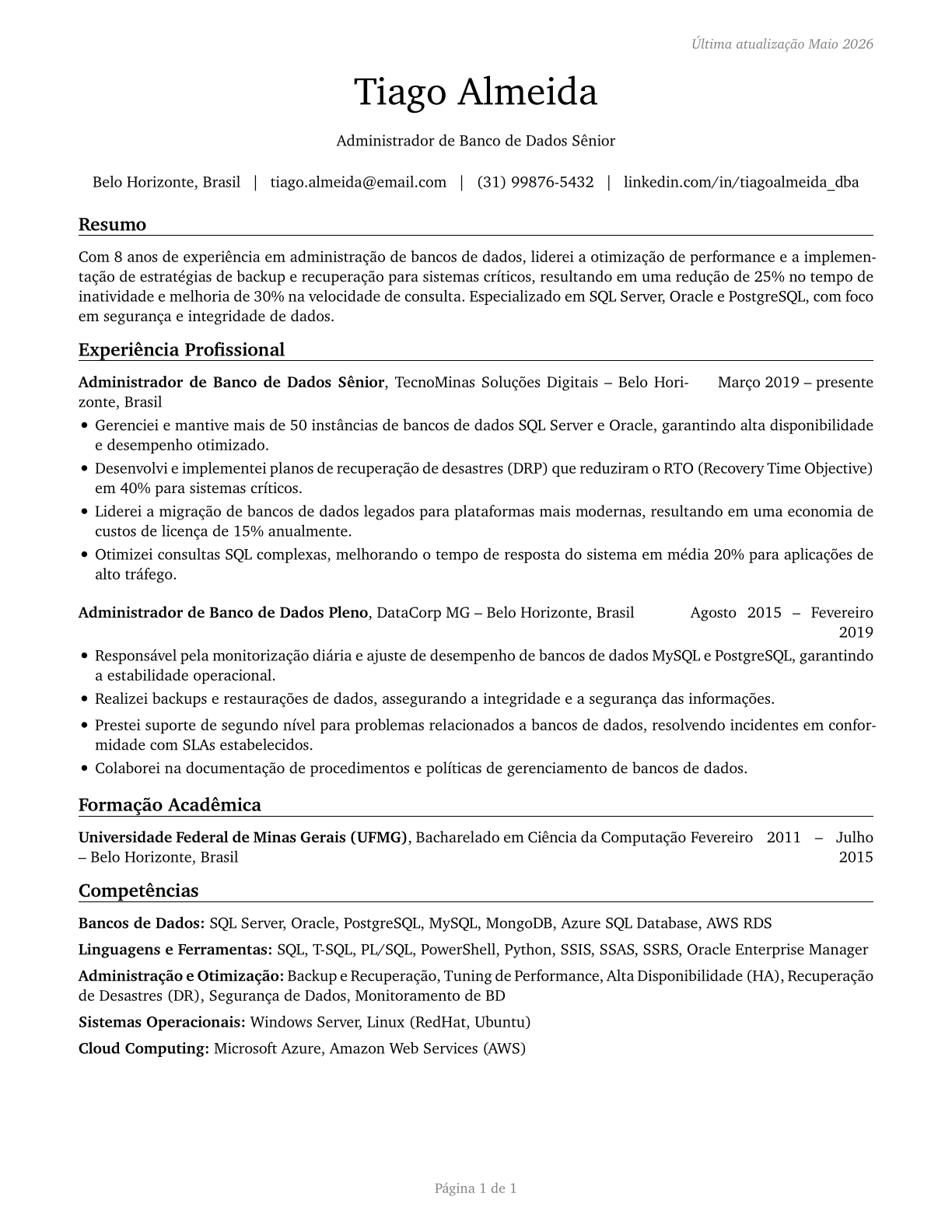Database Administrators CV in Portuguese — page 1