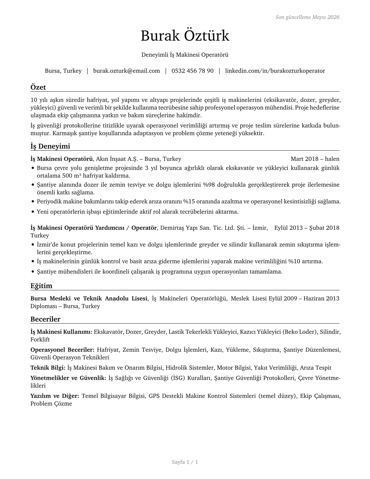 Operating Engineers and Other Construction Equipment Operators CV in Turkish — page 1
