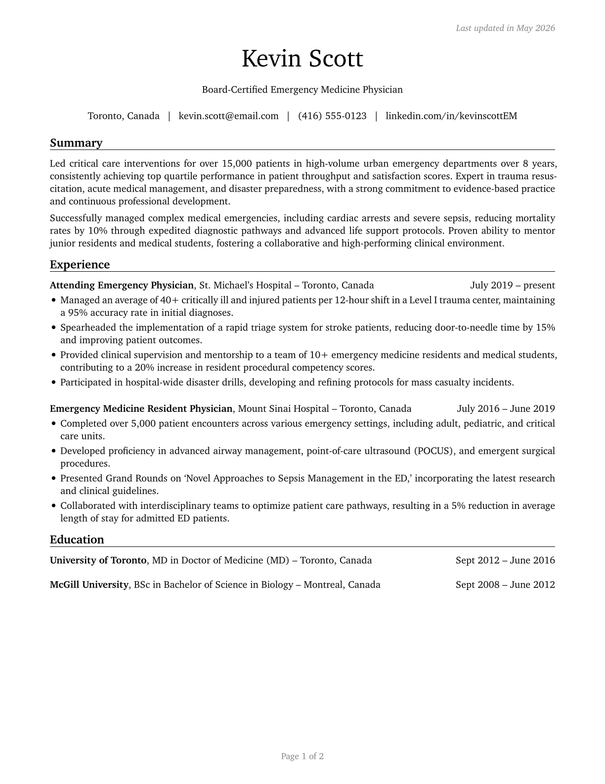 Emergency Medicine Physicians CV in English — page 1