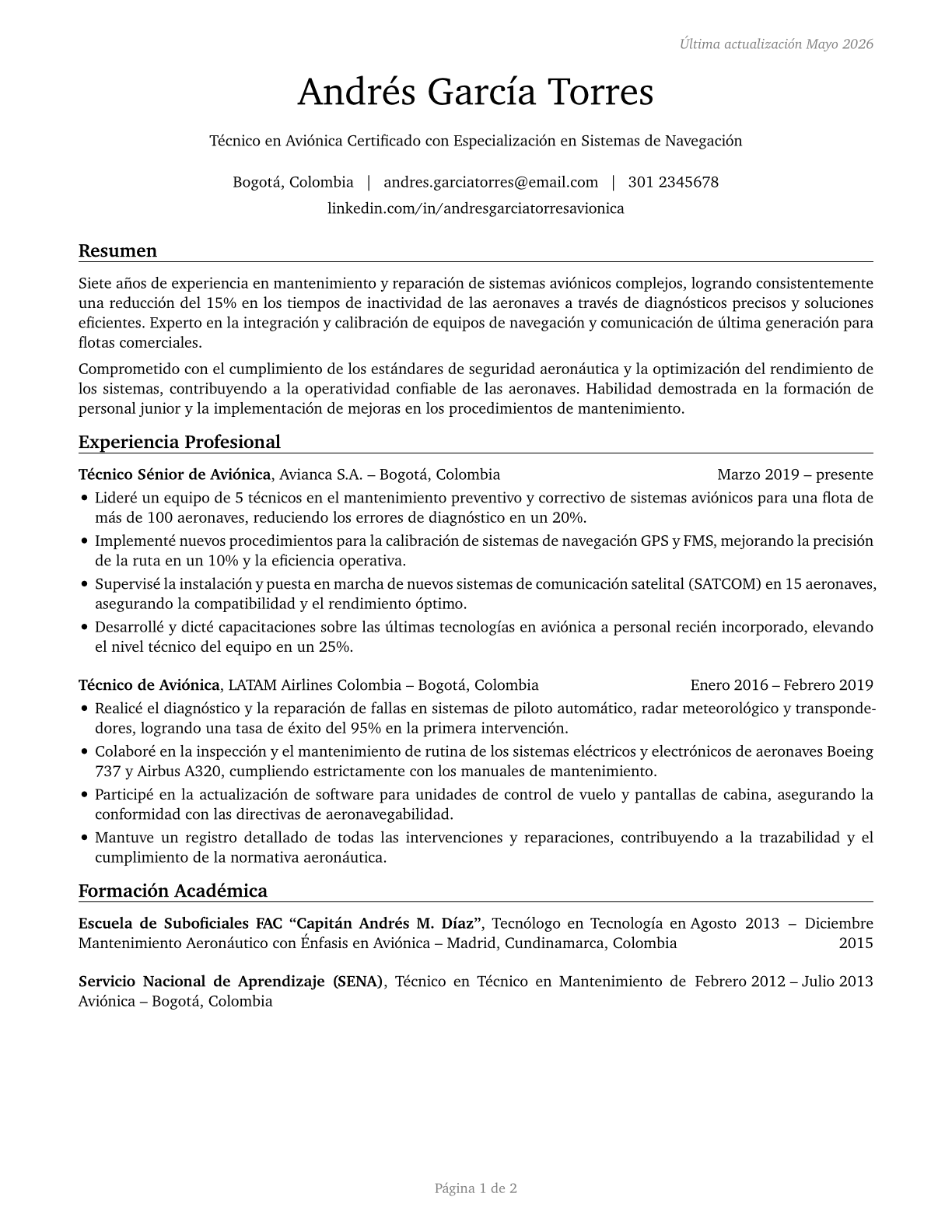 Avionics Technicians CV in Spanish — page 1