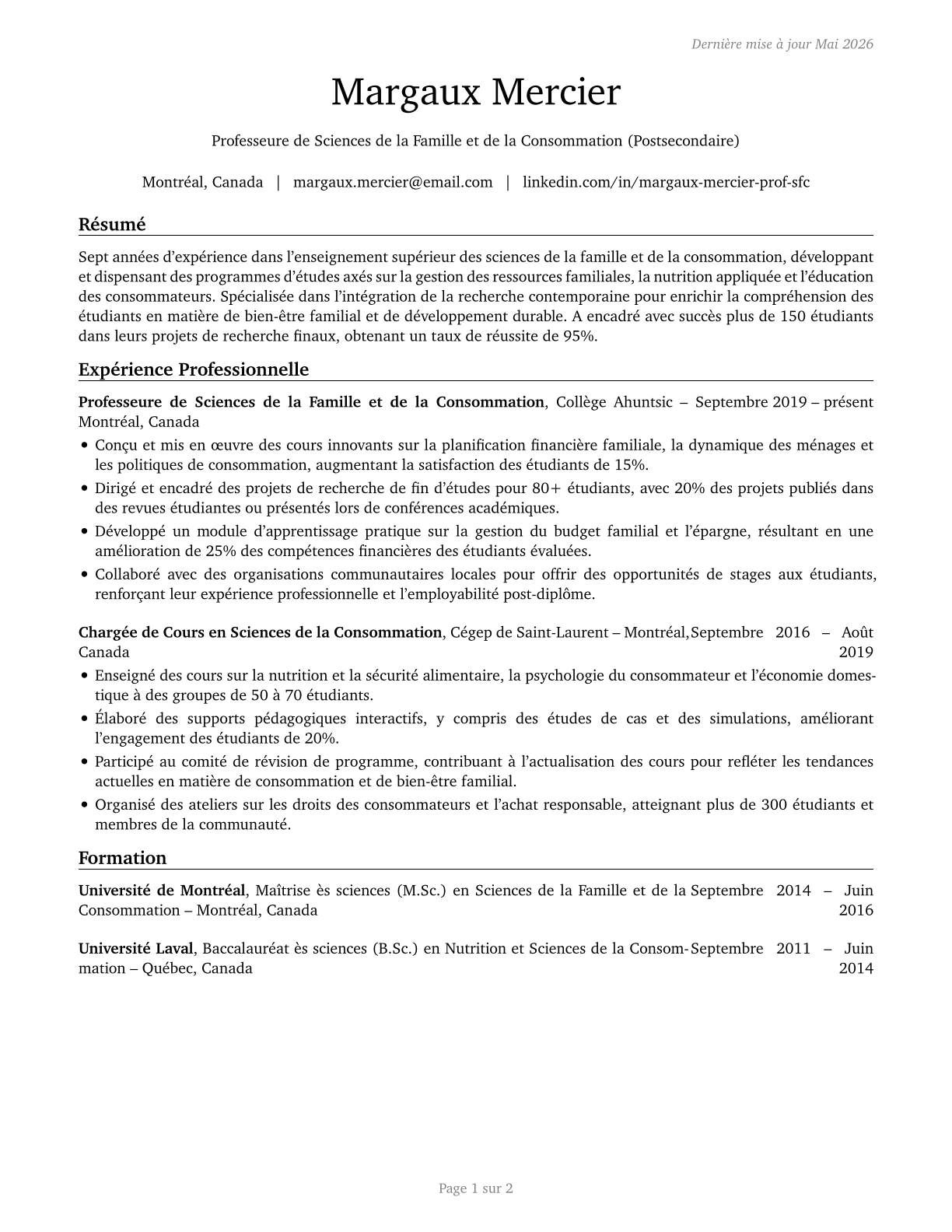 Family and Consumer Sciences Teachers, Postsecondary CV in French — page 1