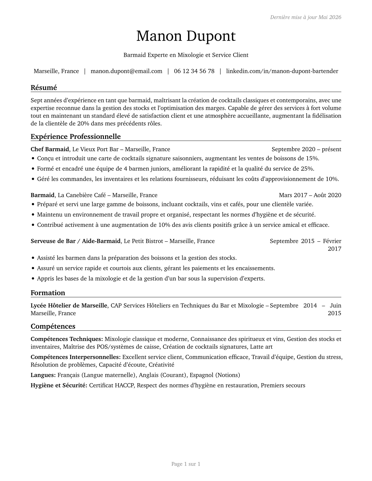 Bartenders CV in French — page 1