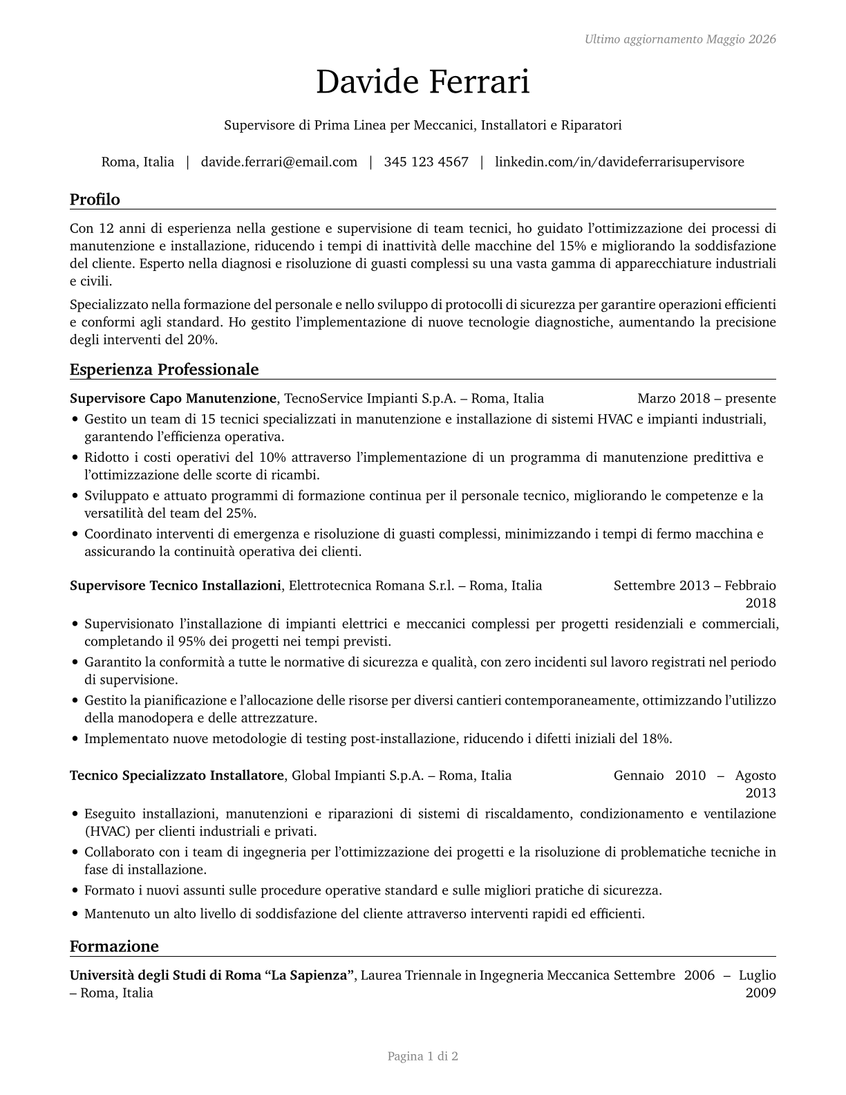 First-Line Supervisors of Mechanics, Installers, and Repairers CV in Italian — page 1