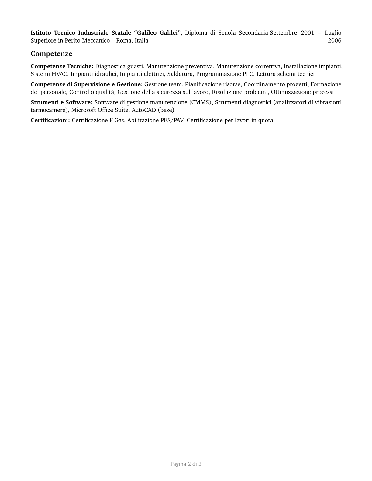 First-Line Supervisors of Mechanics, Installers, and Repairers CV in Italian — page 2