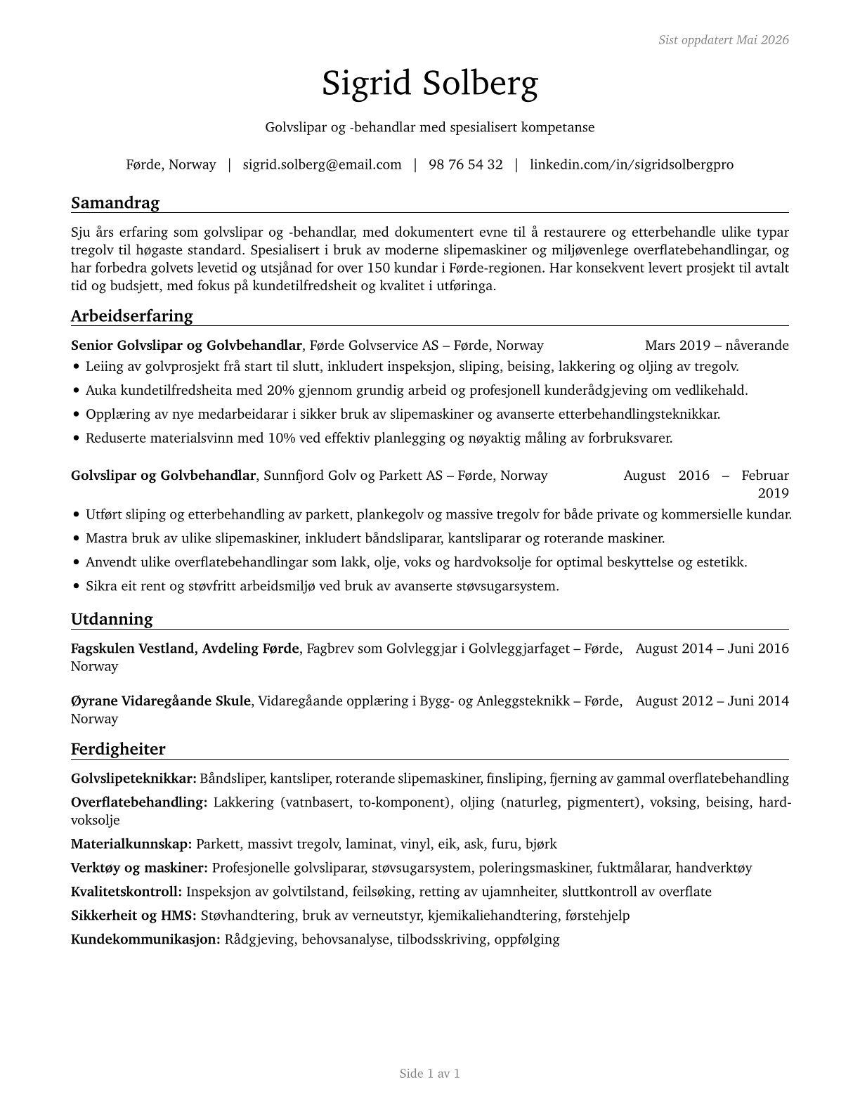 Floor Sanders and Finishers CV in Norwegian_nynorsk — page 1