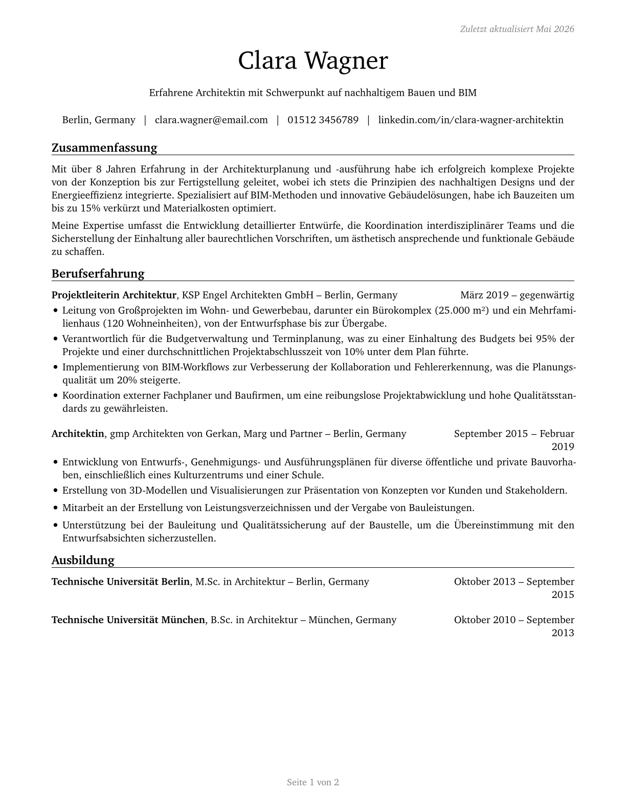 Architects, Except Landscape and Naval CV in German — page 1