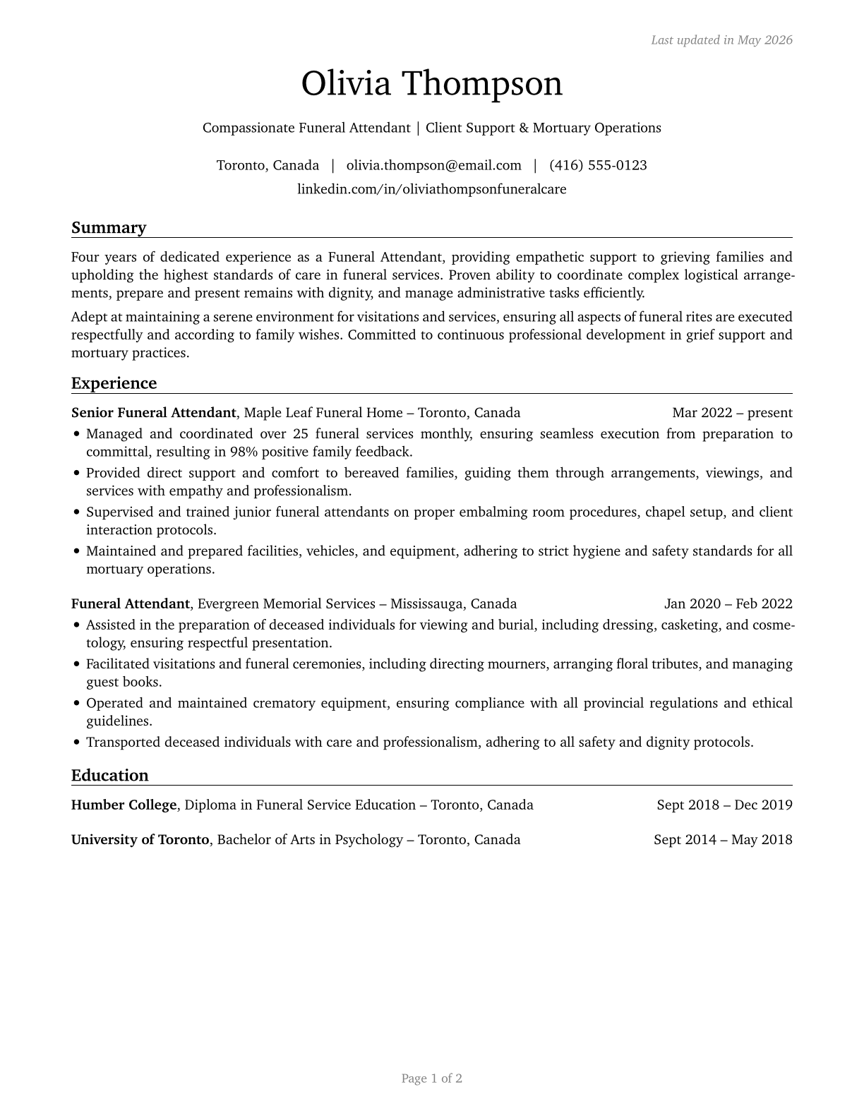 Funeral Attendants CV in English — page 1