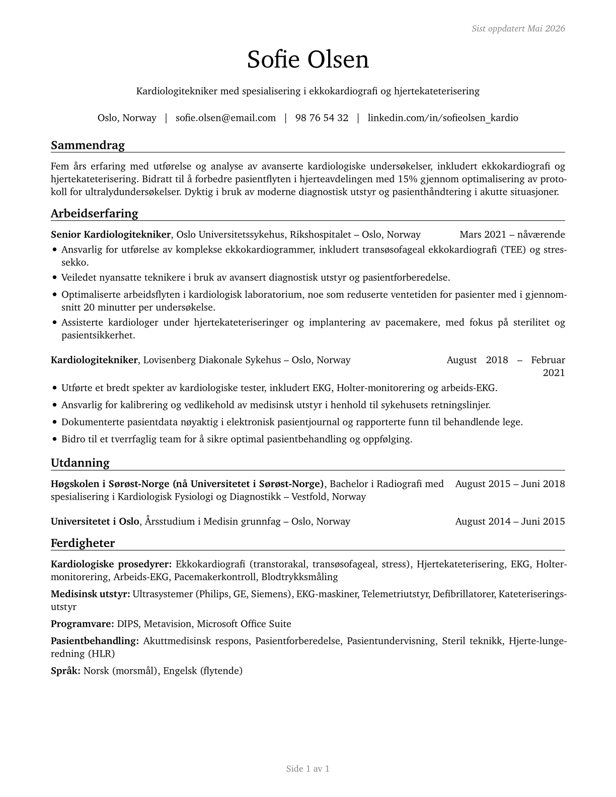 Cardiovascular Technologists and Technicians CV in Norwegian_bokmal — page 1