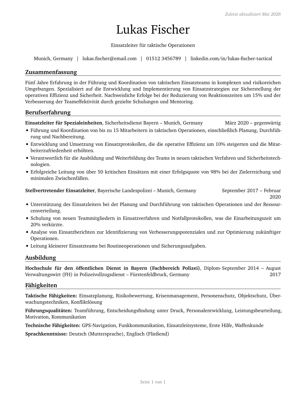 First-Line Supervisors of All Other Tactical Operations Specialists CV in German — page 1