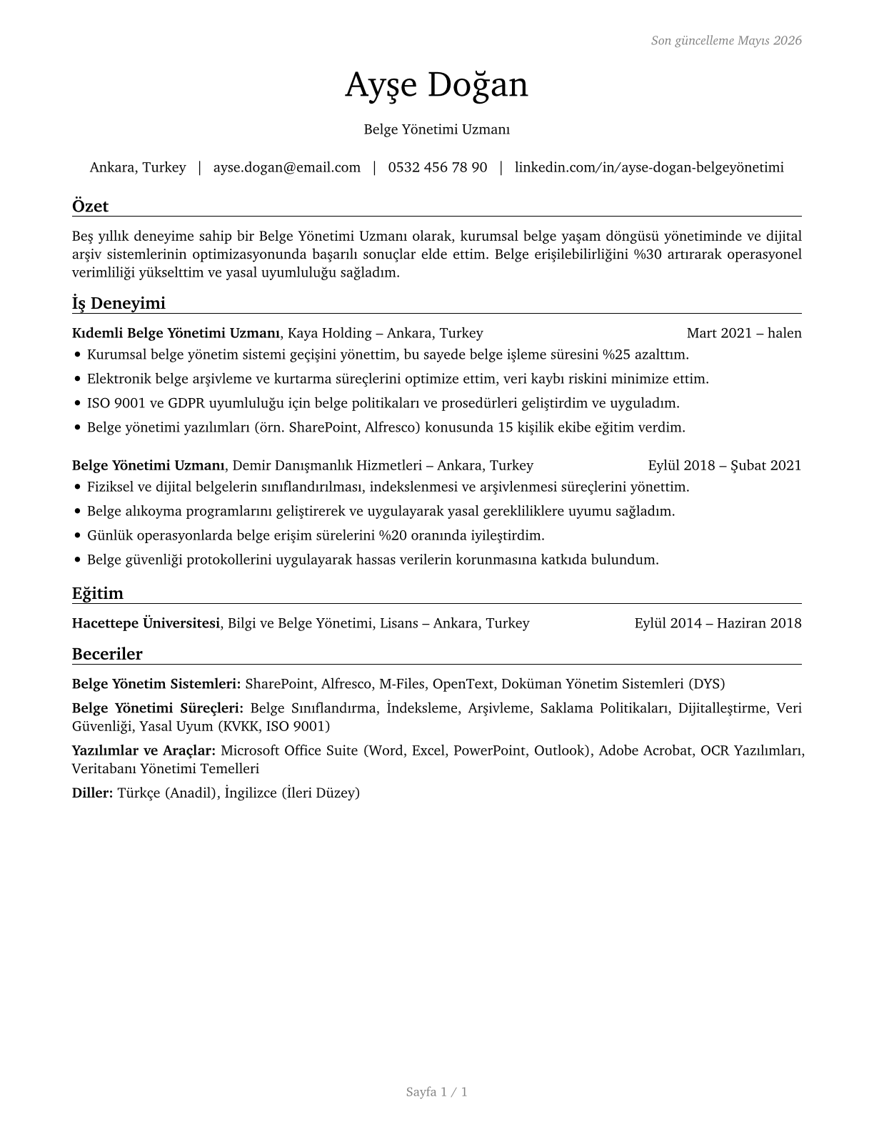 Document Management Specialists CV in Turkish — page 1