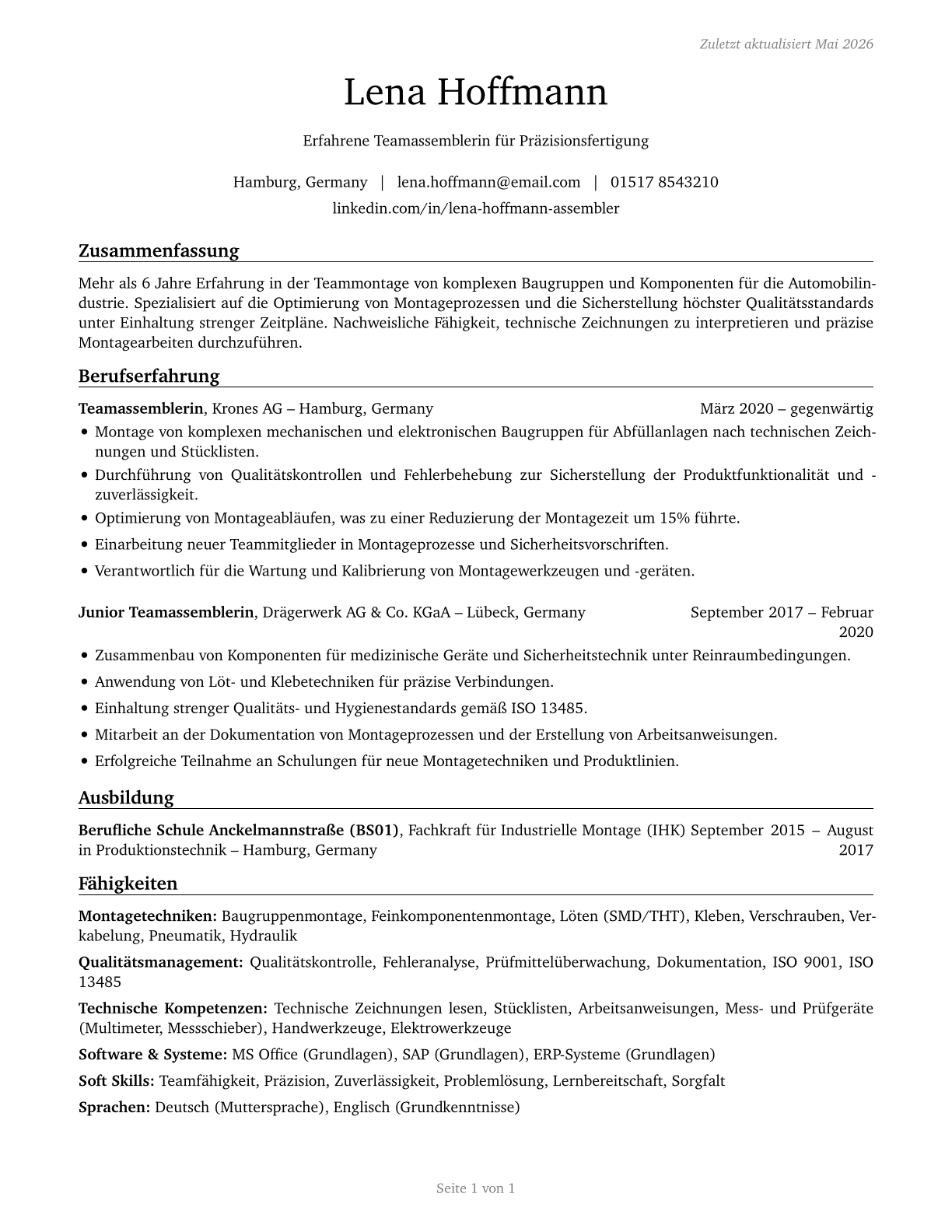 Team Assemblers CV in German — page 1