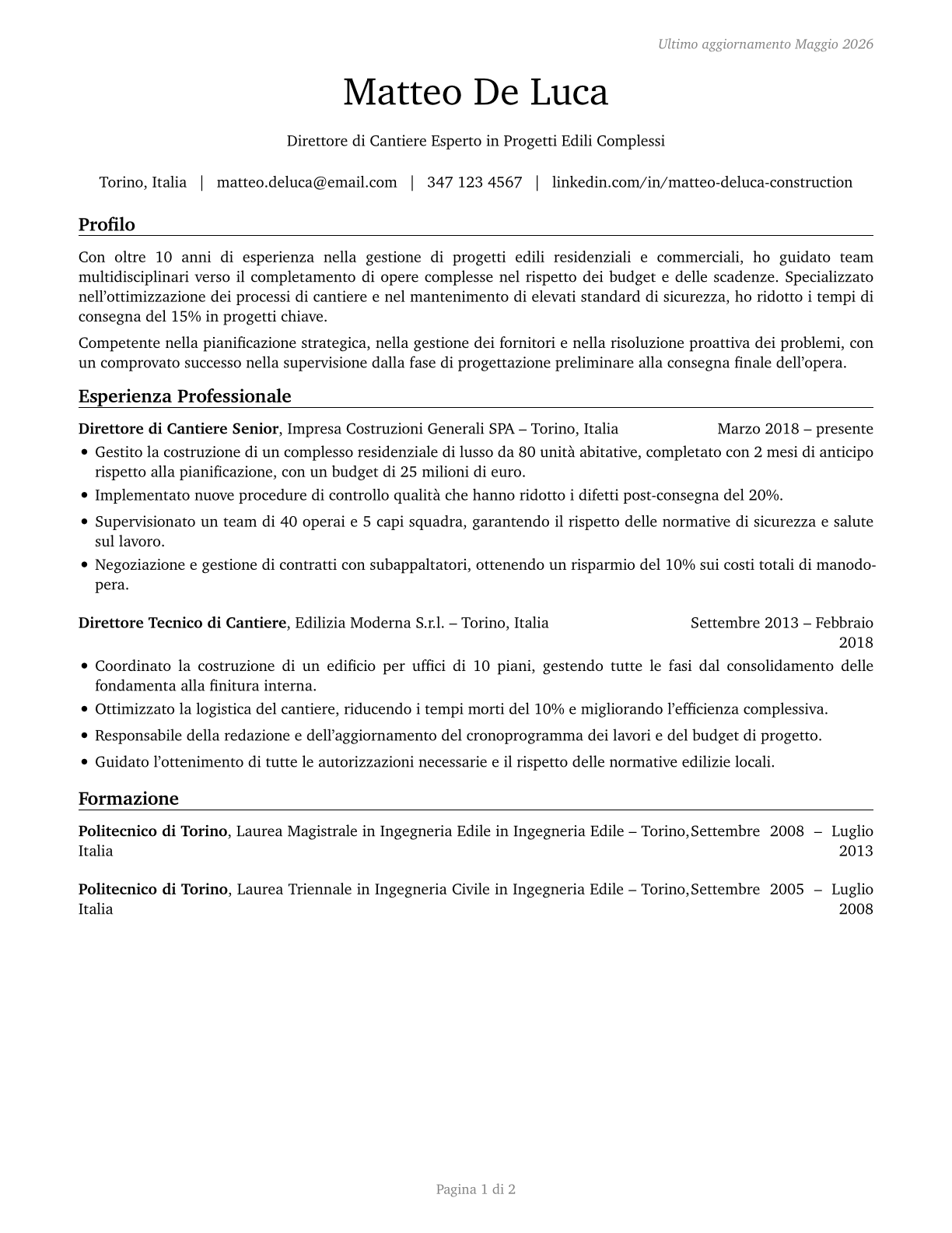 Construction Managers CV in Italian — page 1