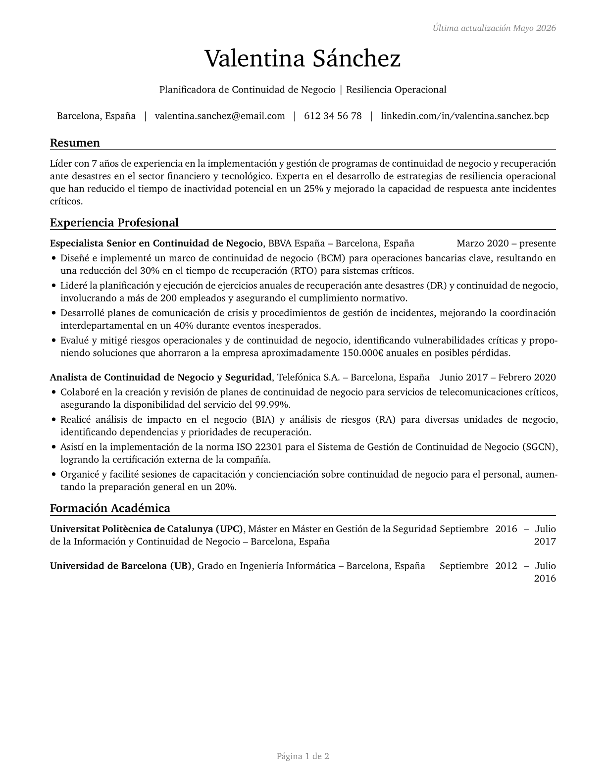 Business Continuity Planners CV in Spanish — page 1