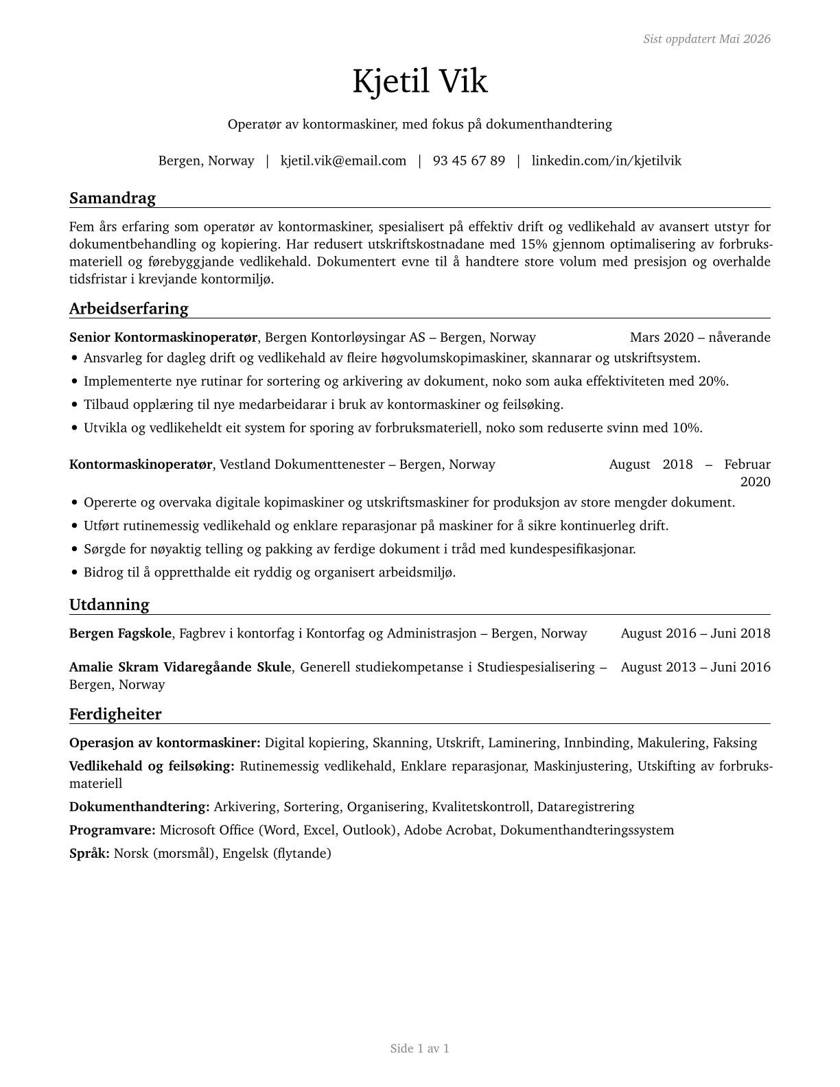 Office Machine Operators, Except Computer CV in Norwegian_nynorsk — page 1