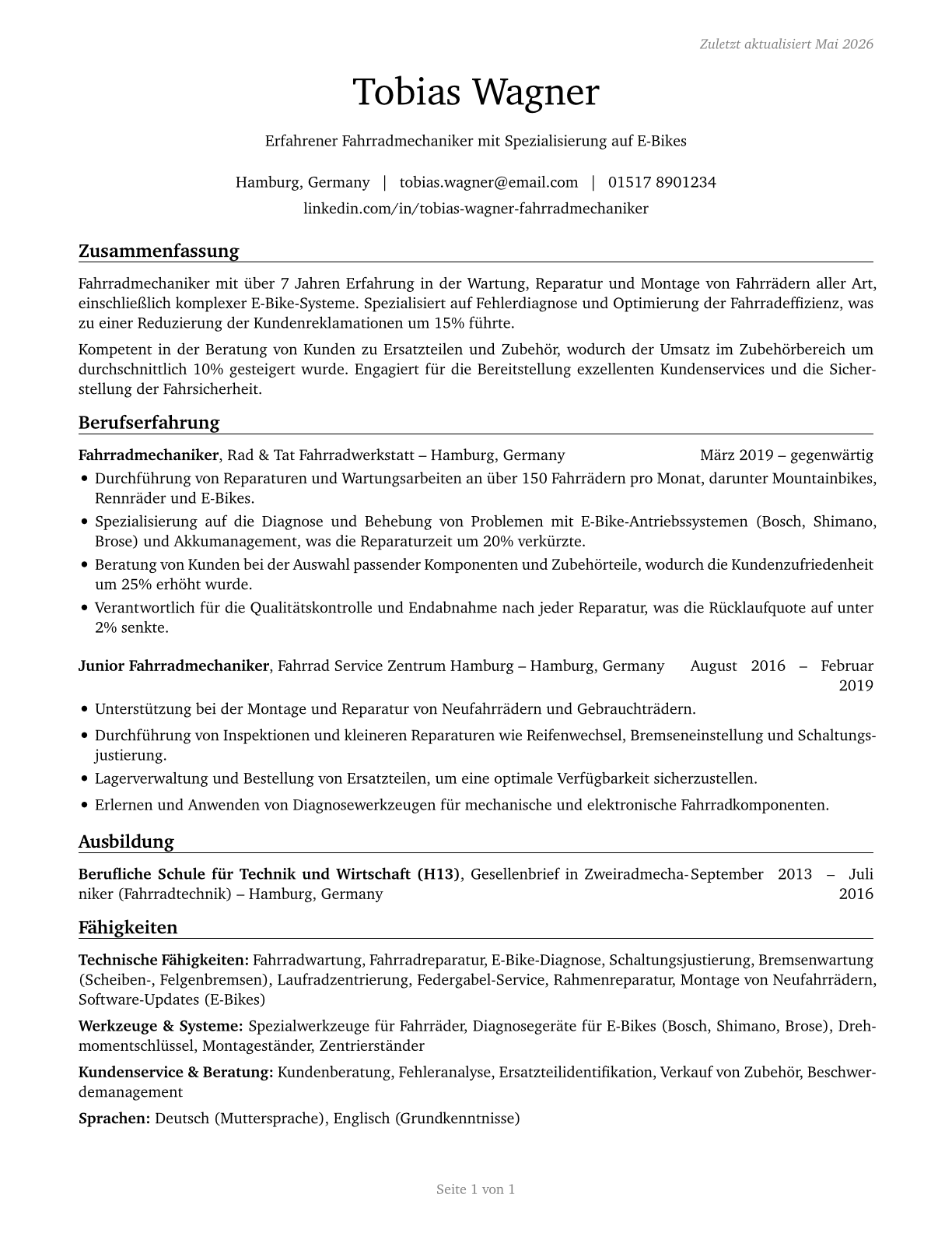 Bicycle Repairers CV in German — page 1