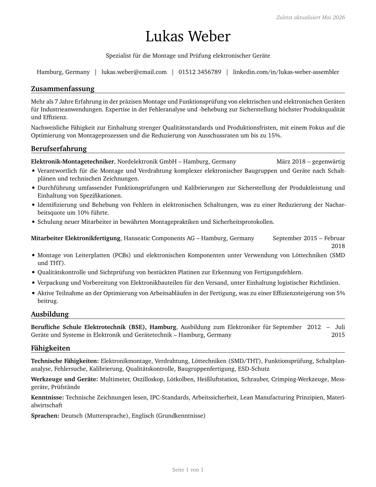 Electrical and Electronic Equipment Assemblers CV in German — page 1