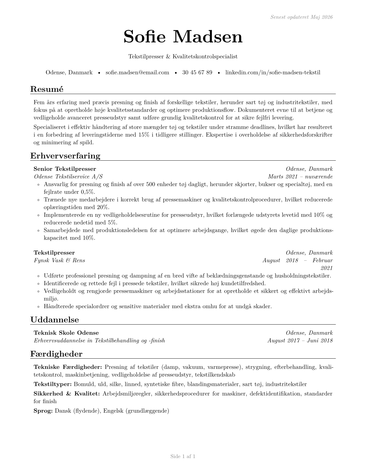 Pressers, Textile, Garment, and Related Materials CV in Danish — page 1