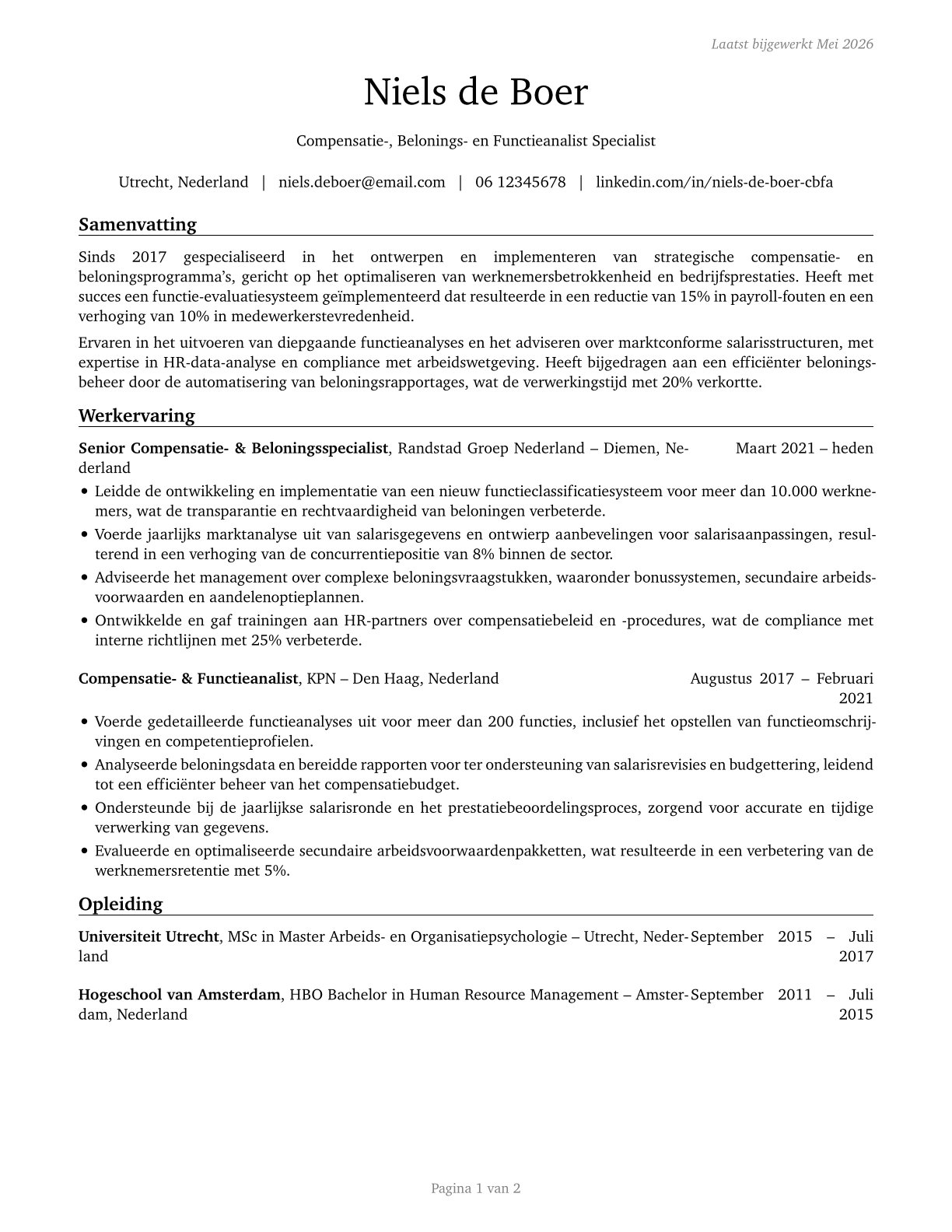 Compensation, Benefits, and Job Analysis Specialists CV in Dutch — page 1