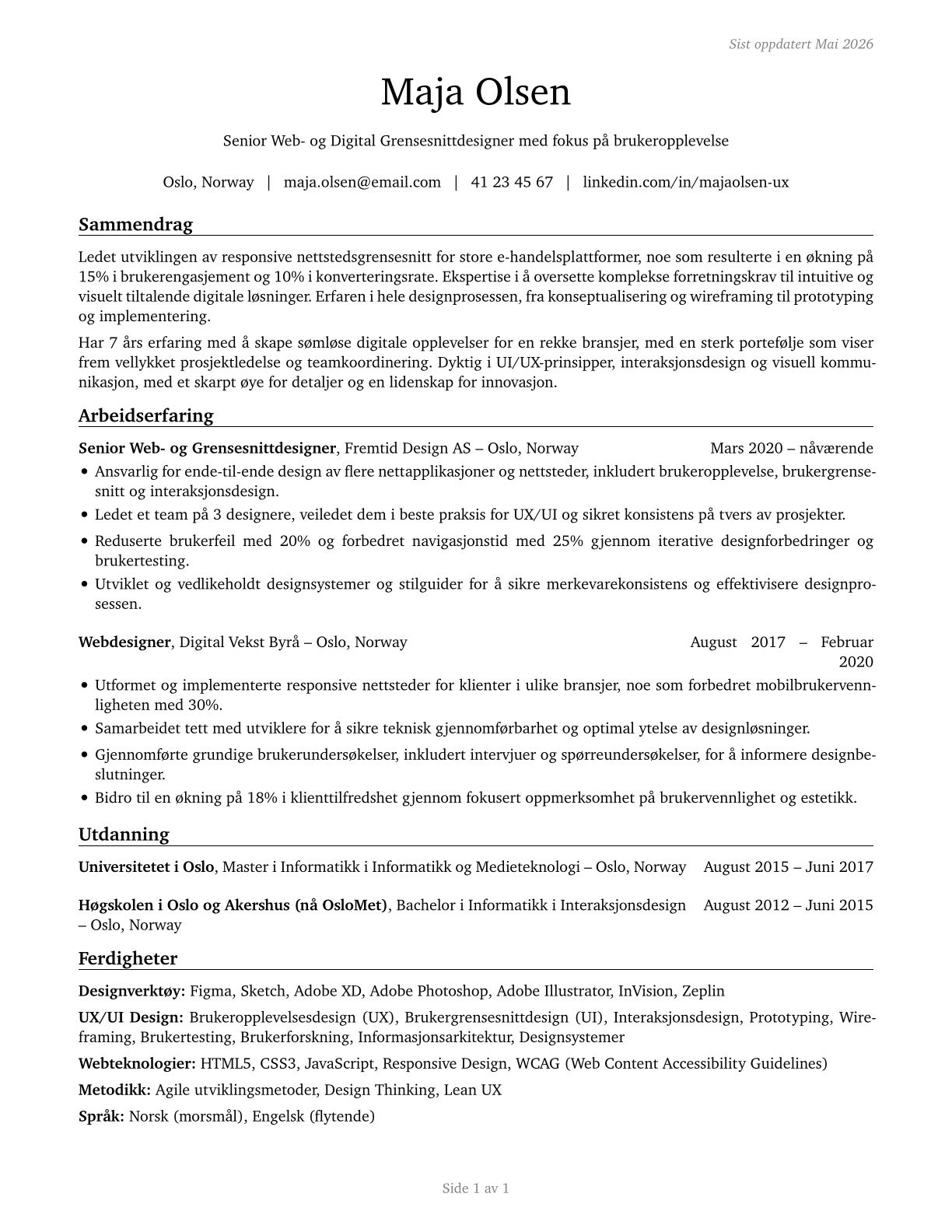 Web and Digital Interface Designers CV in Norwegian_bokmal — page 1