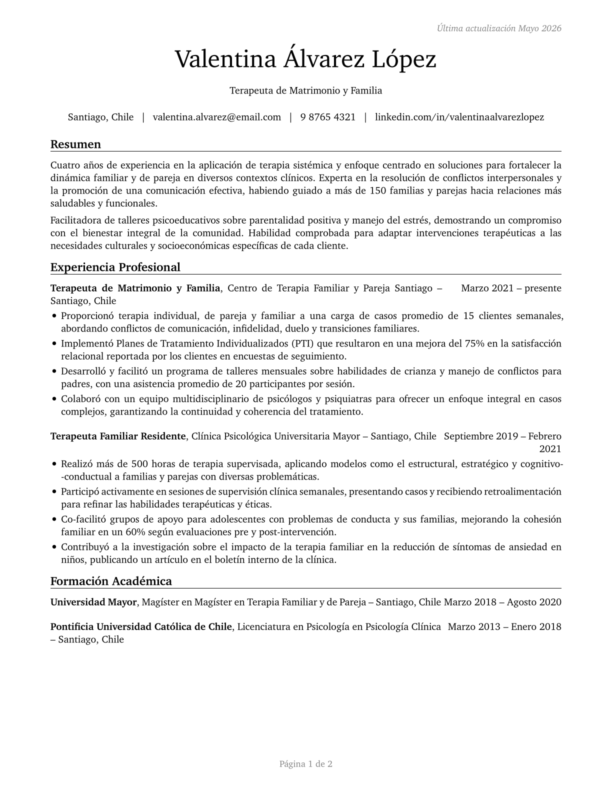Marriage and Family Therapists CV in Spanish — page 1
