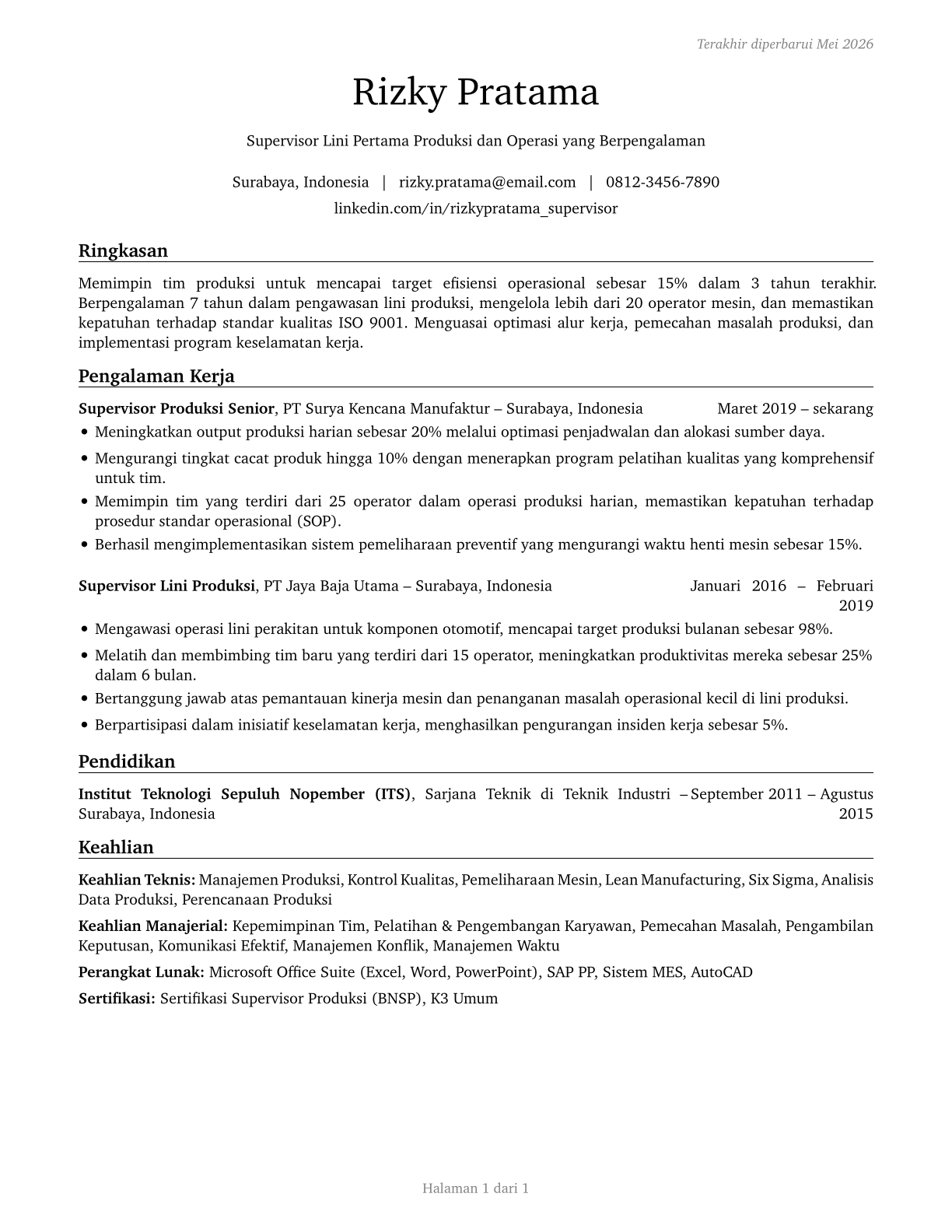 First-Line Supervisors of Production and Operating Workers CV in Indonesian — page 1