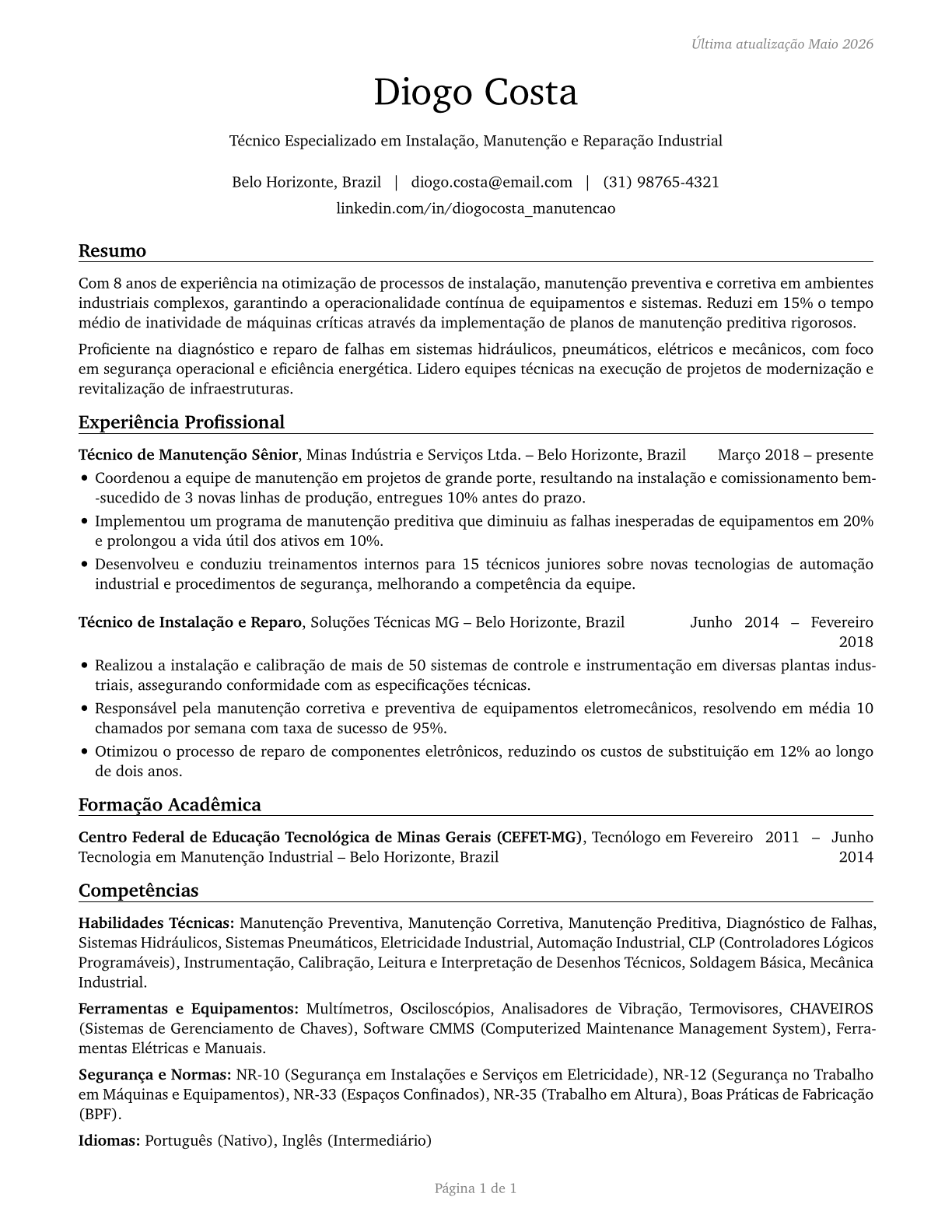 Installation, Maintenance, and Repair Workers, All Other CV in Portuguese — page 1