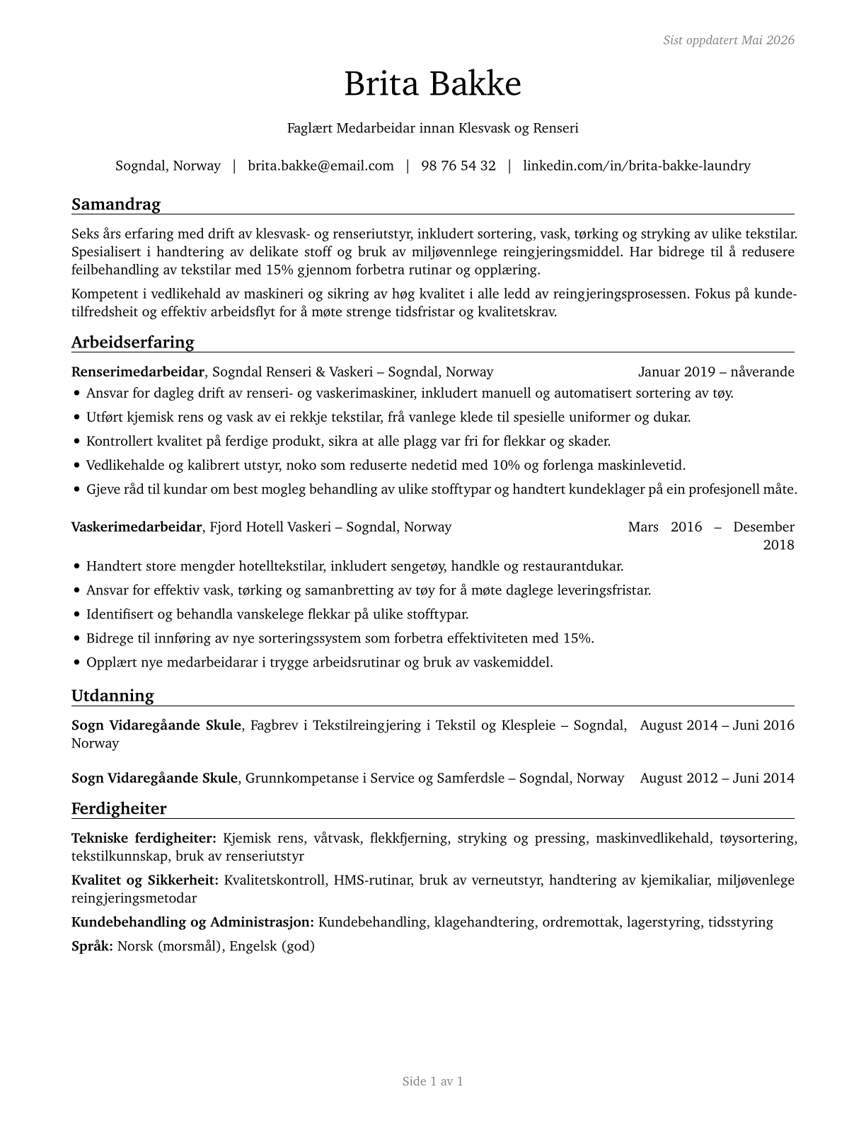 Laundry and Dry-Cleaning Workers CV in Norwegian_nynorsk — page 1