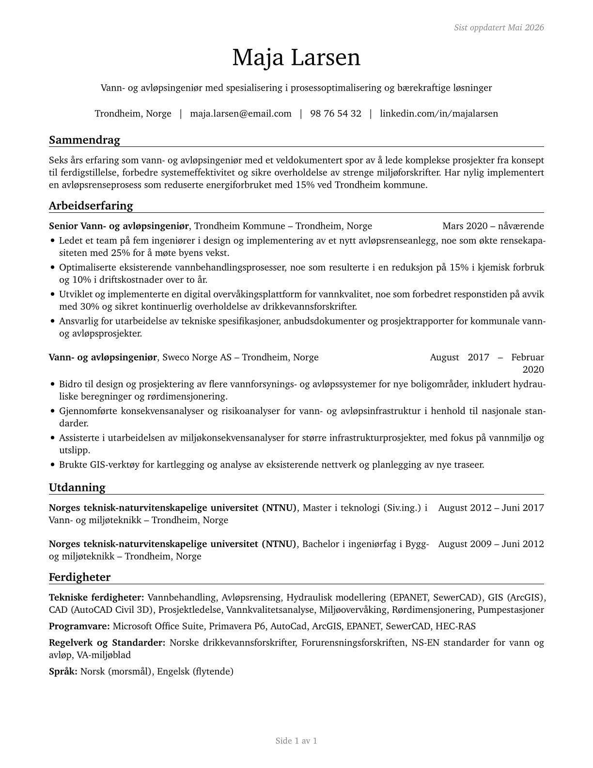 Water/Wastewater Engineers CV in Norwegian_bokmal — page 1