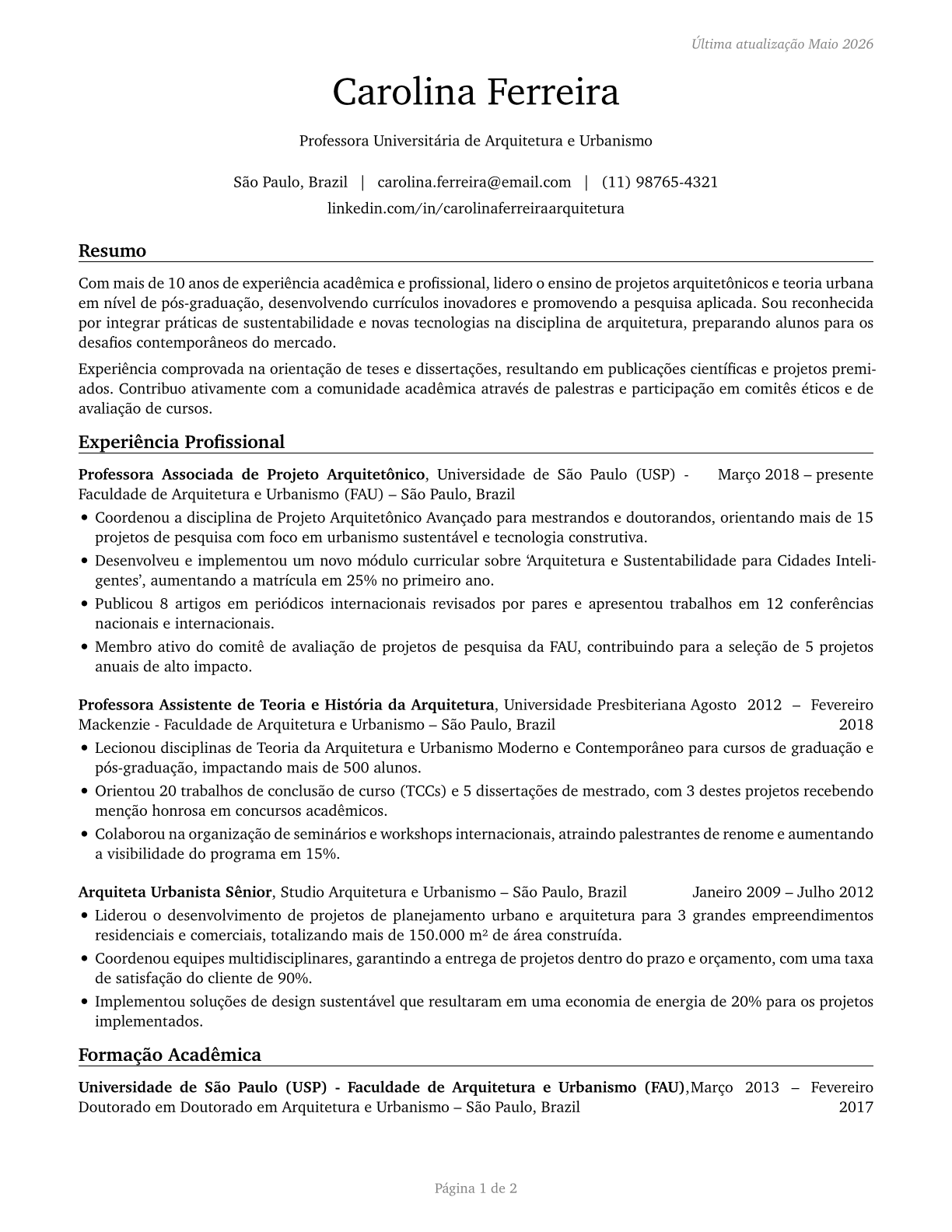 Architecture Teachers, Postsecondary CV in Portuguese — page 1