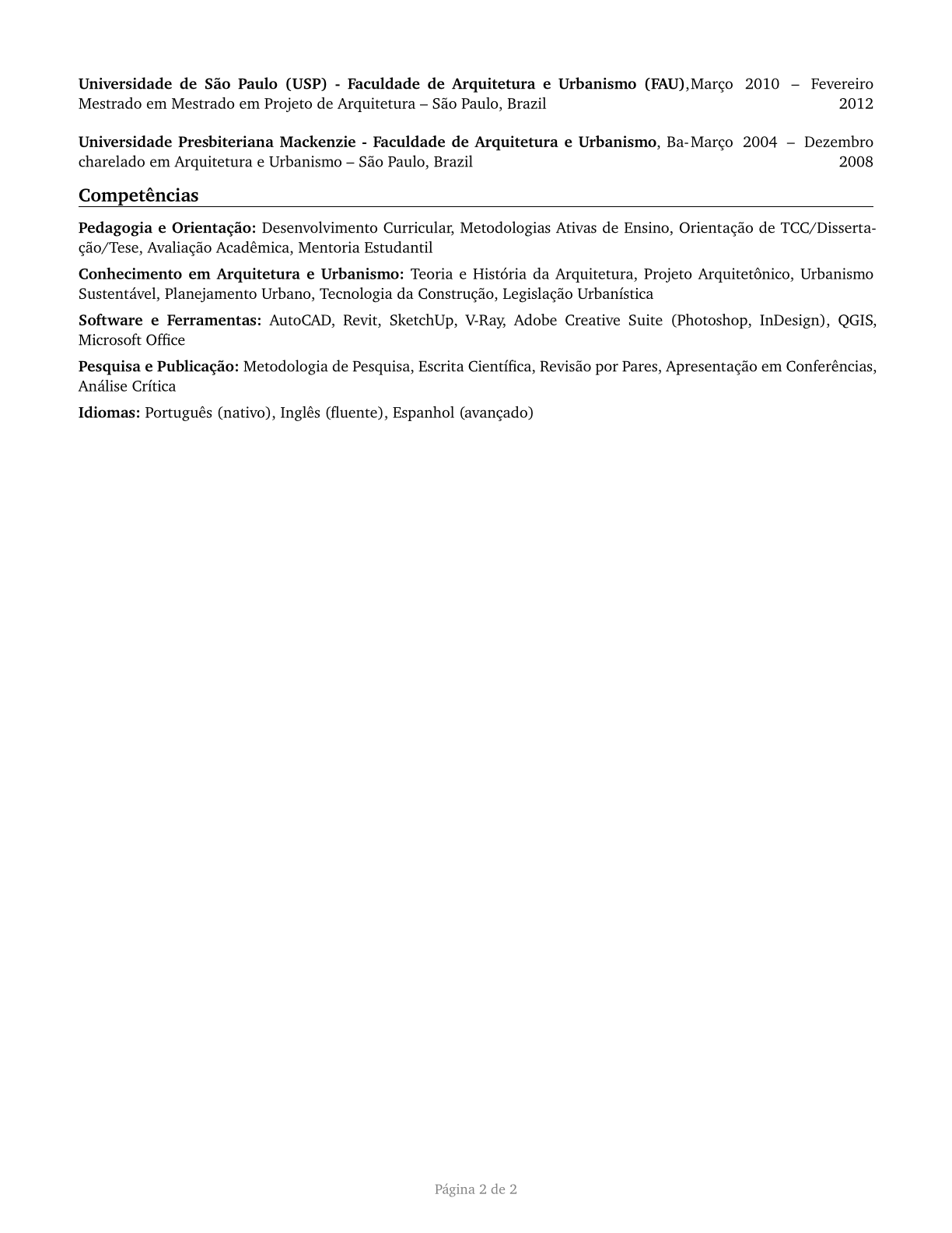 Architecture Teachers, Postsecondary CV in Portuguese — page 2
