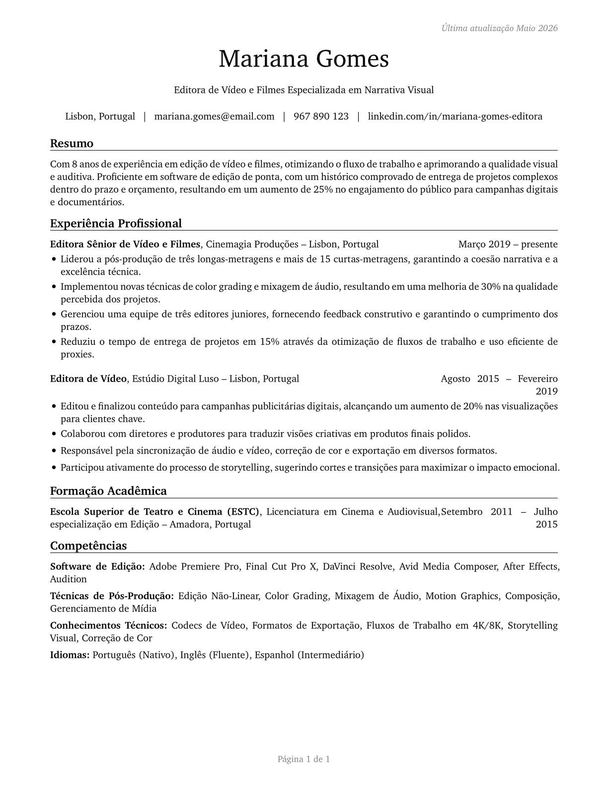 Film and Video Editors CV in Portuguese — page 1