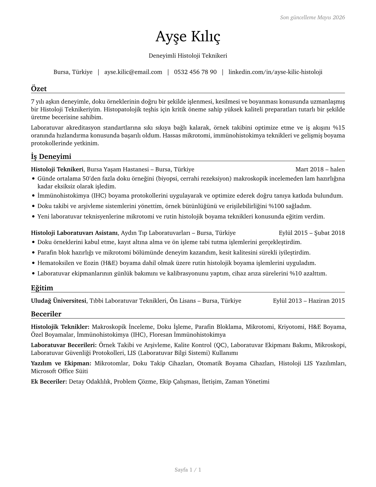 Histology Technicians CV in Turkish — page 1