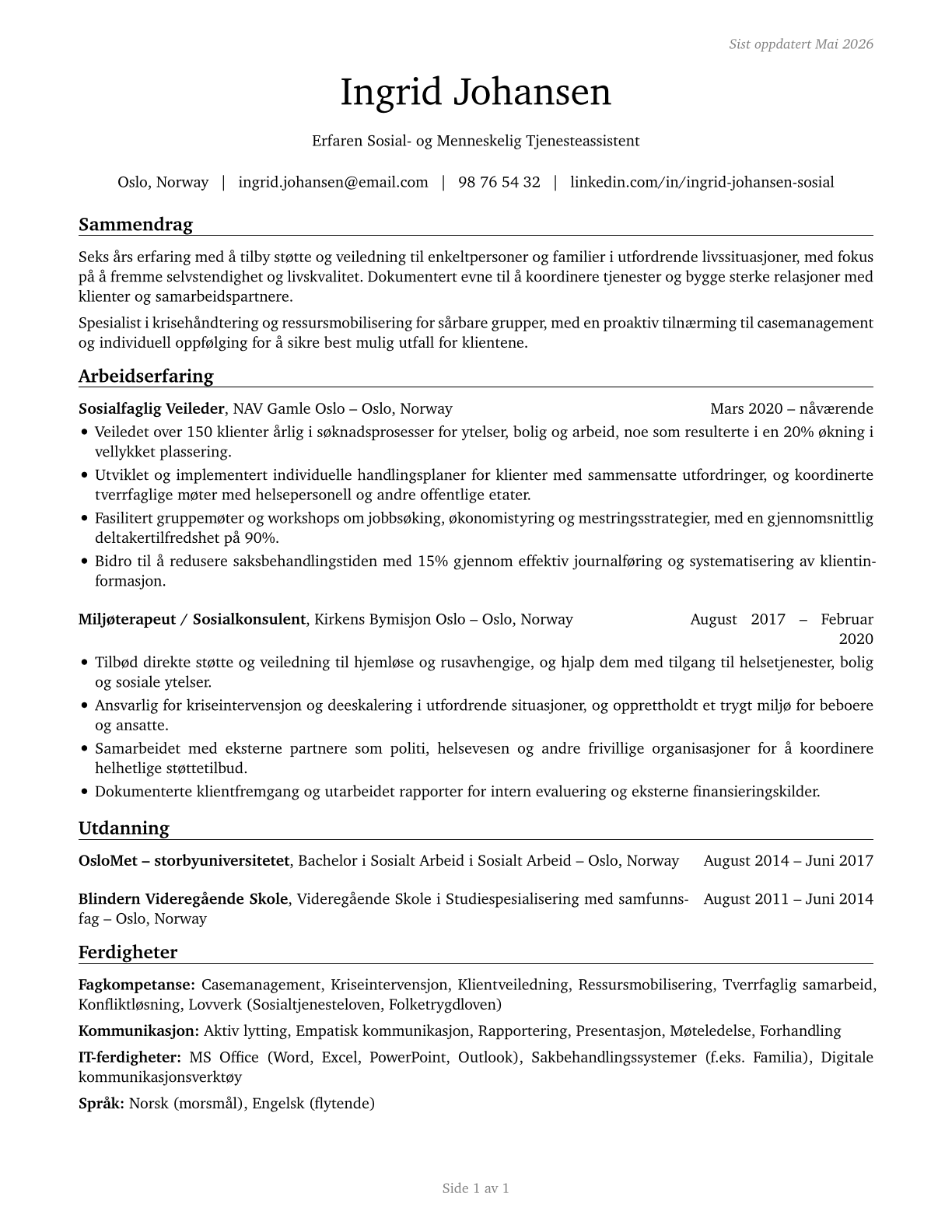 Social and Human Service Assistants CV in Norwegian_bokmal — page 1