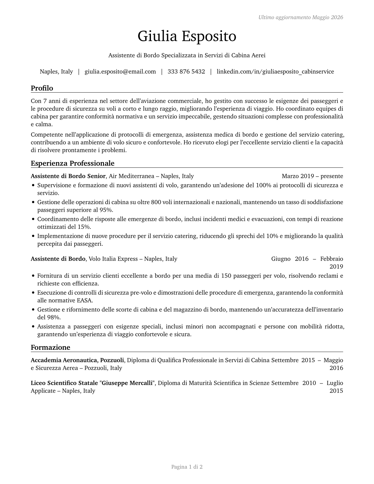 Aircraft Service Attendants CV in Italian — page 1