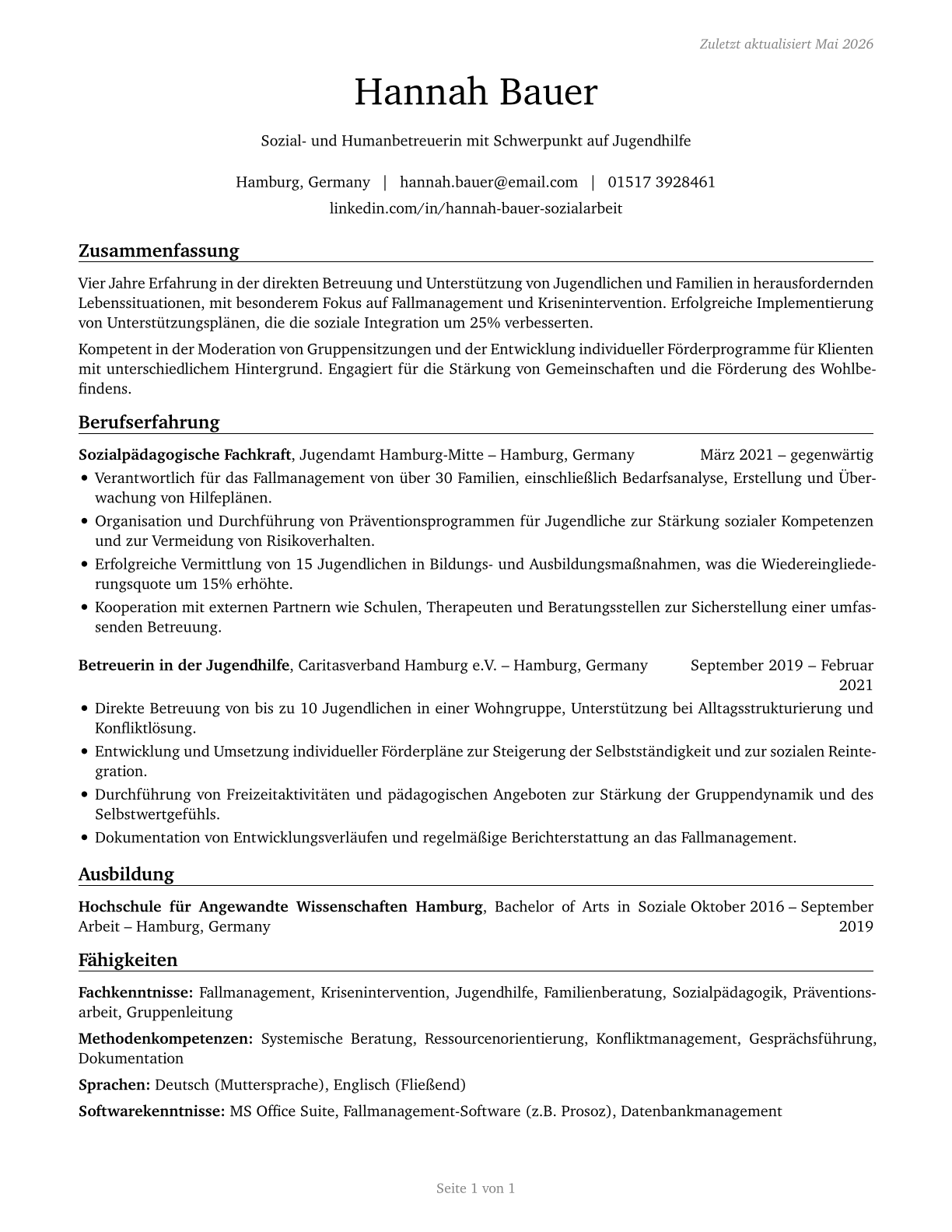 Social and Human Service Assistants CV in German — page 1