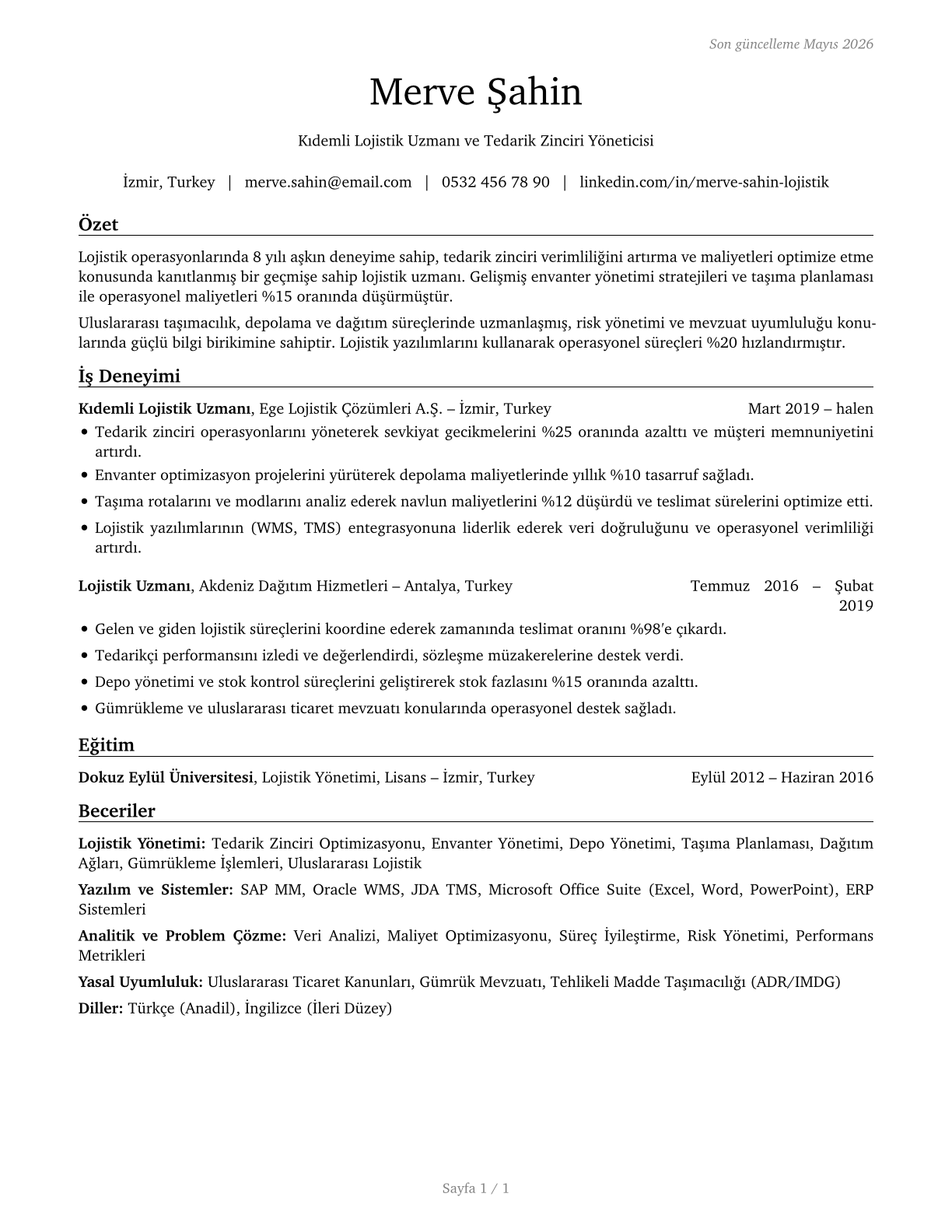 Logisticians CV in Turkish — page 1