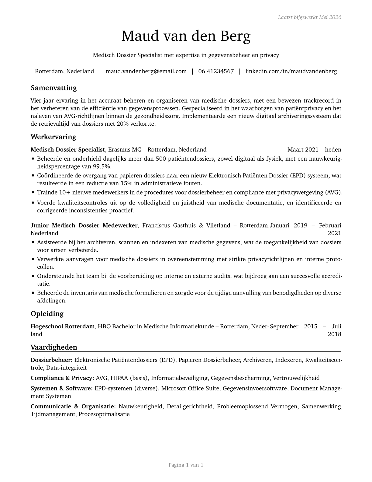 Medical Records Specialists CV in Dutch — page 1