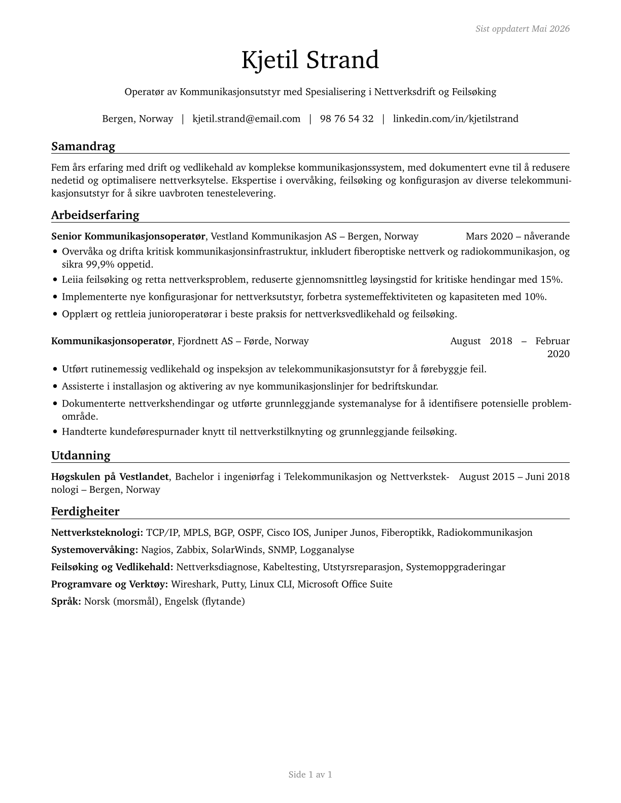 Communications Equipment Operators, All Other CV in Norwegian_nynorsk — page 1