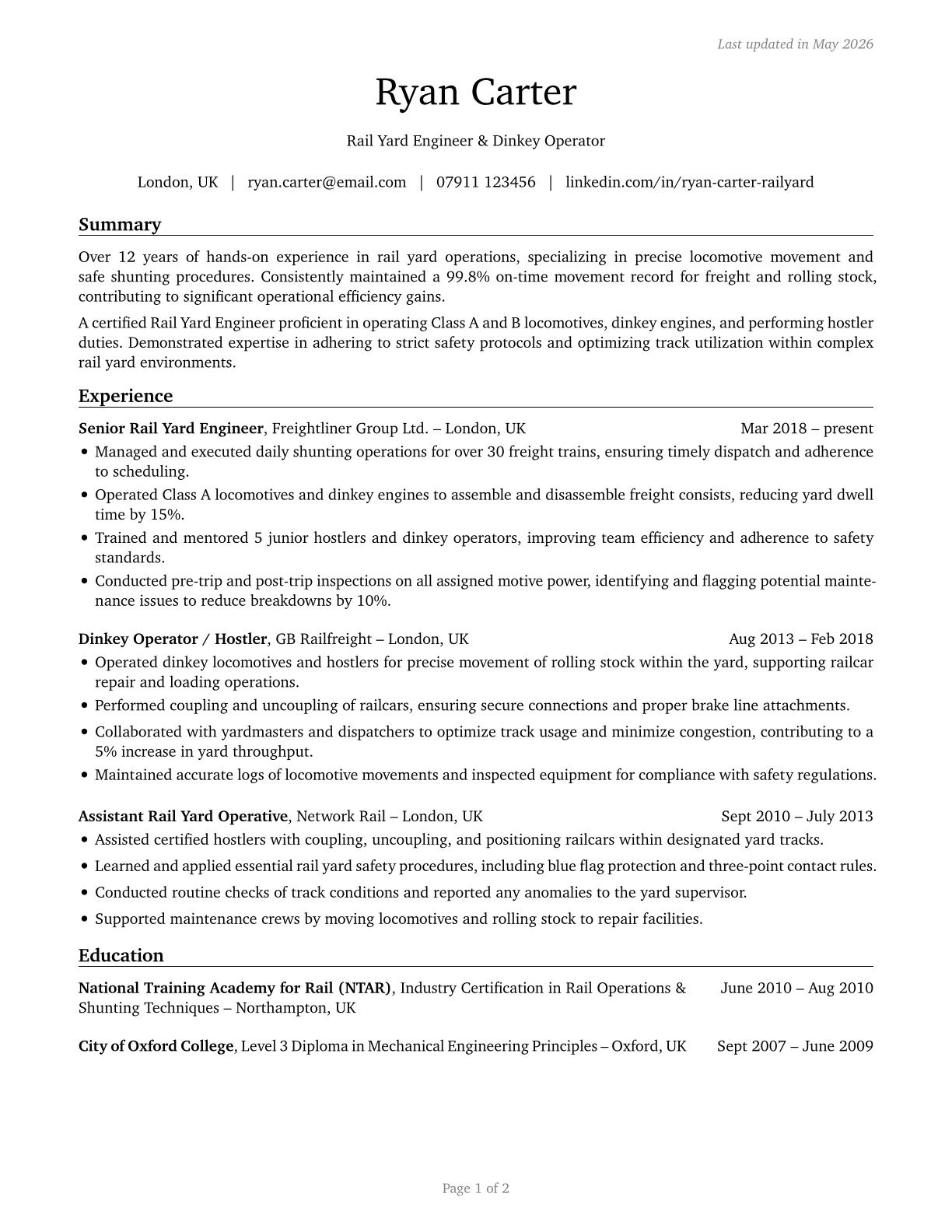 Rail Yard Engineers, Dinkey Operators, and Hostlers CV in English — page 1