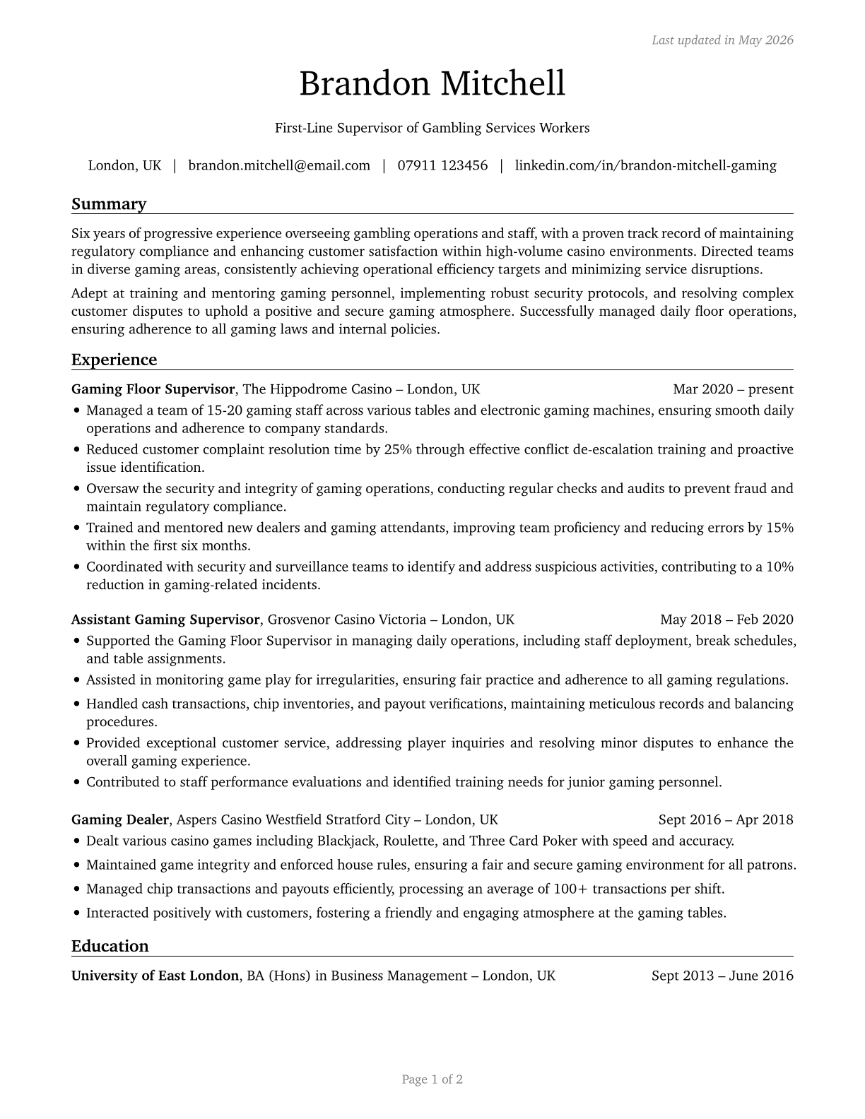 First-Line Supervisors of Gambling Services Workers CV in English — page 1