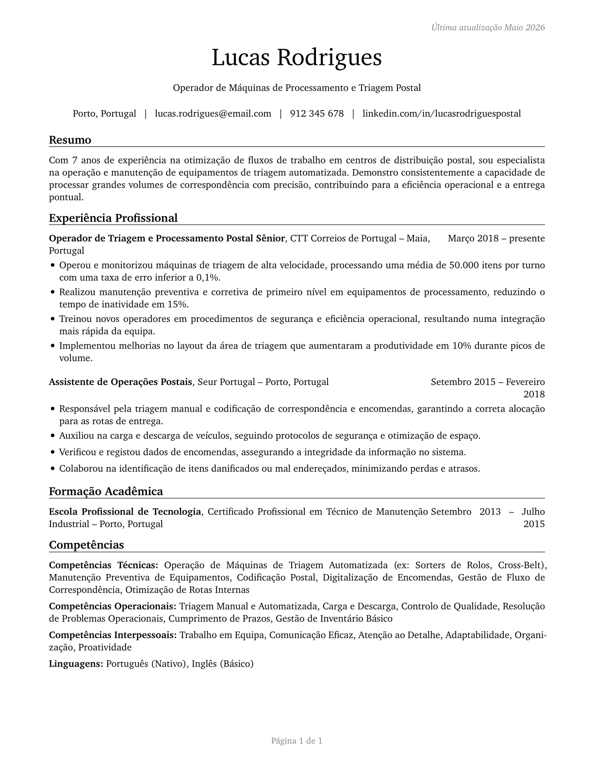 Postal Service Mail Sorters, Processors, and Processing Machine Operators CV in Portuguese — page 1