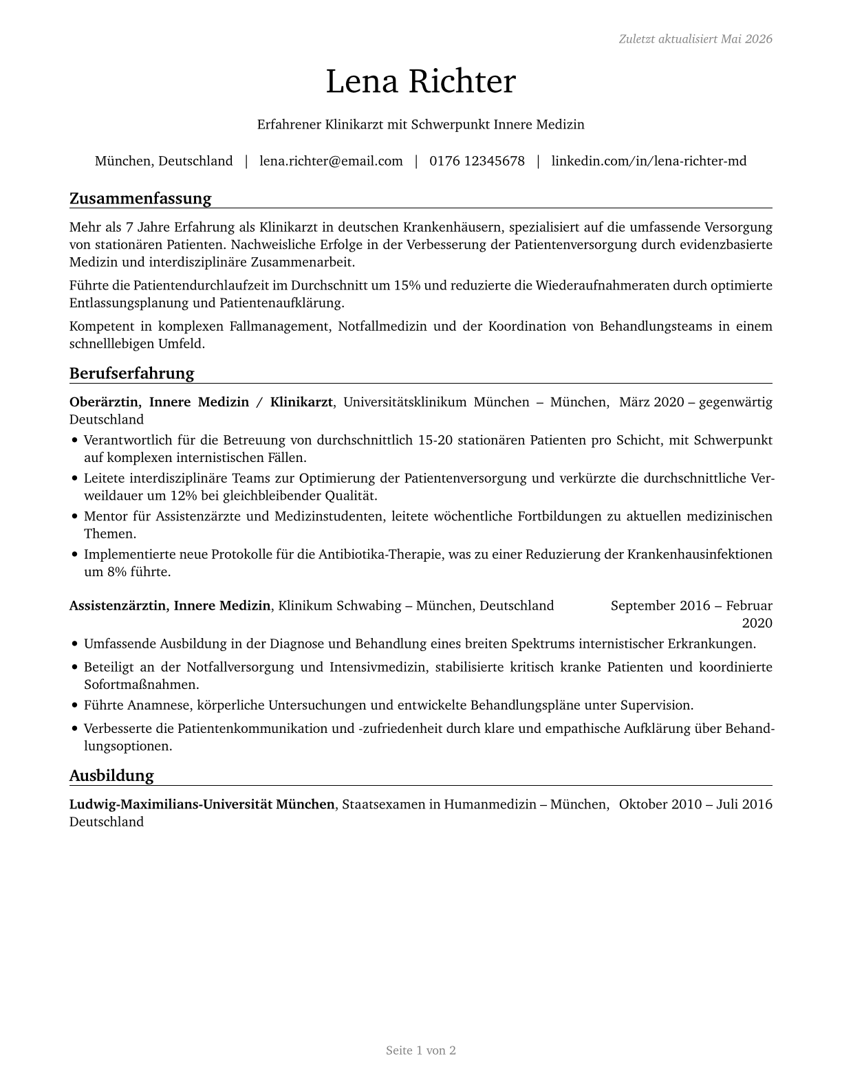Hospitalists CV in German — page 1