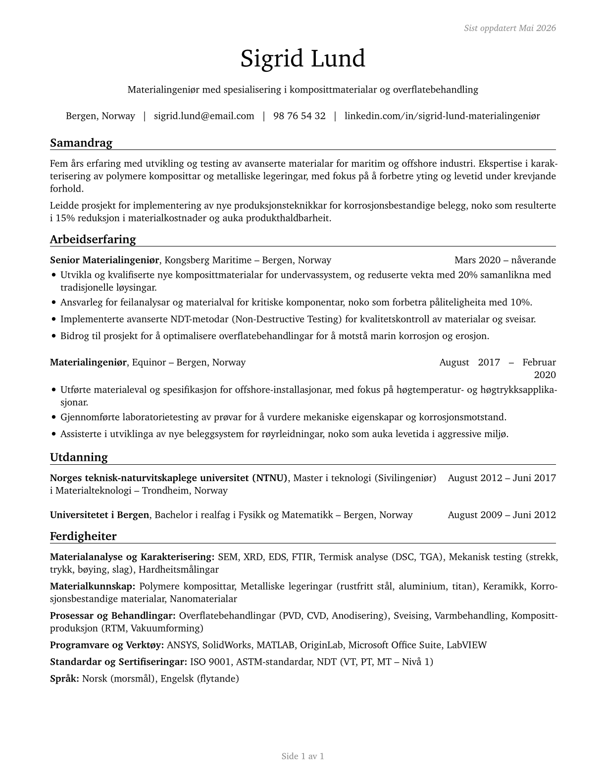 Materials Engineers CV in Norwegian_nynorsk — page 1