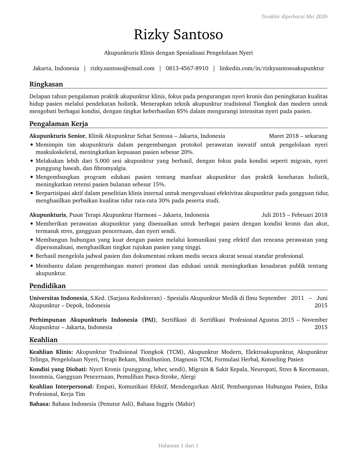 Acupuncturists CV in Indonesian — page 1