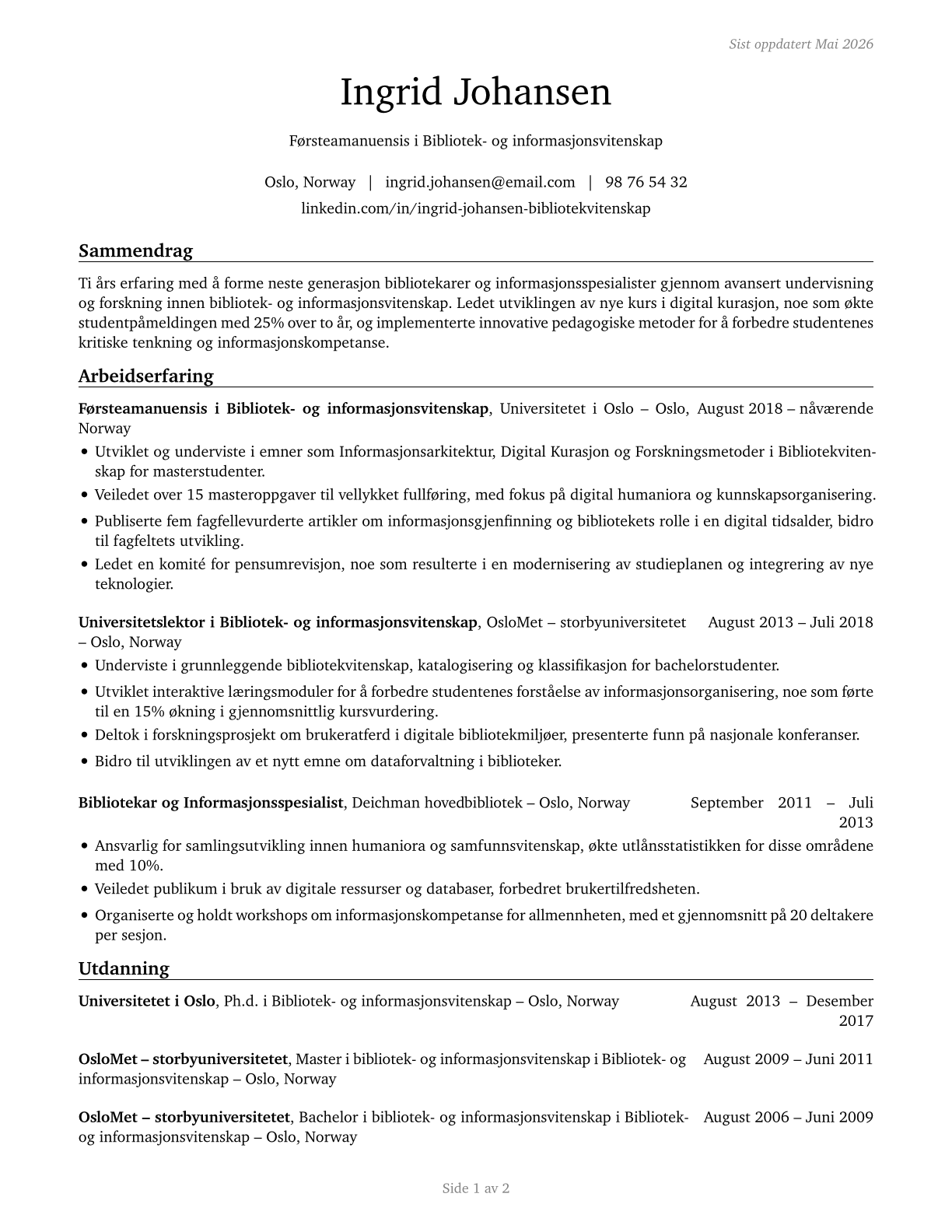 Library Science Teachers, Postsecondary CV in Norwegian_bokmal — page 1