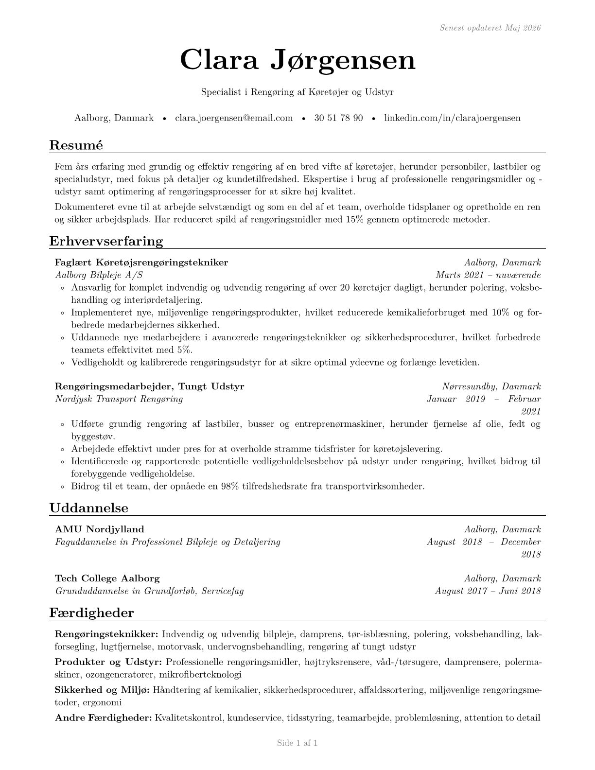 Cleaners of Vehicles and Equipment CV in Danish — page 1