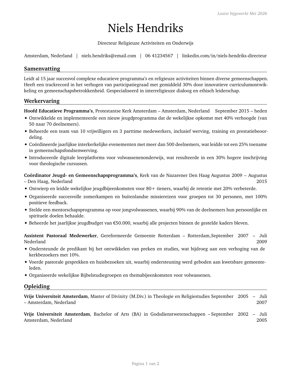 Directors, Religious Activities and Education CV in Dutch — page 1