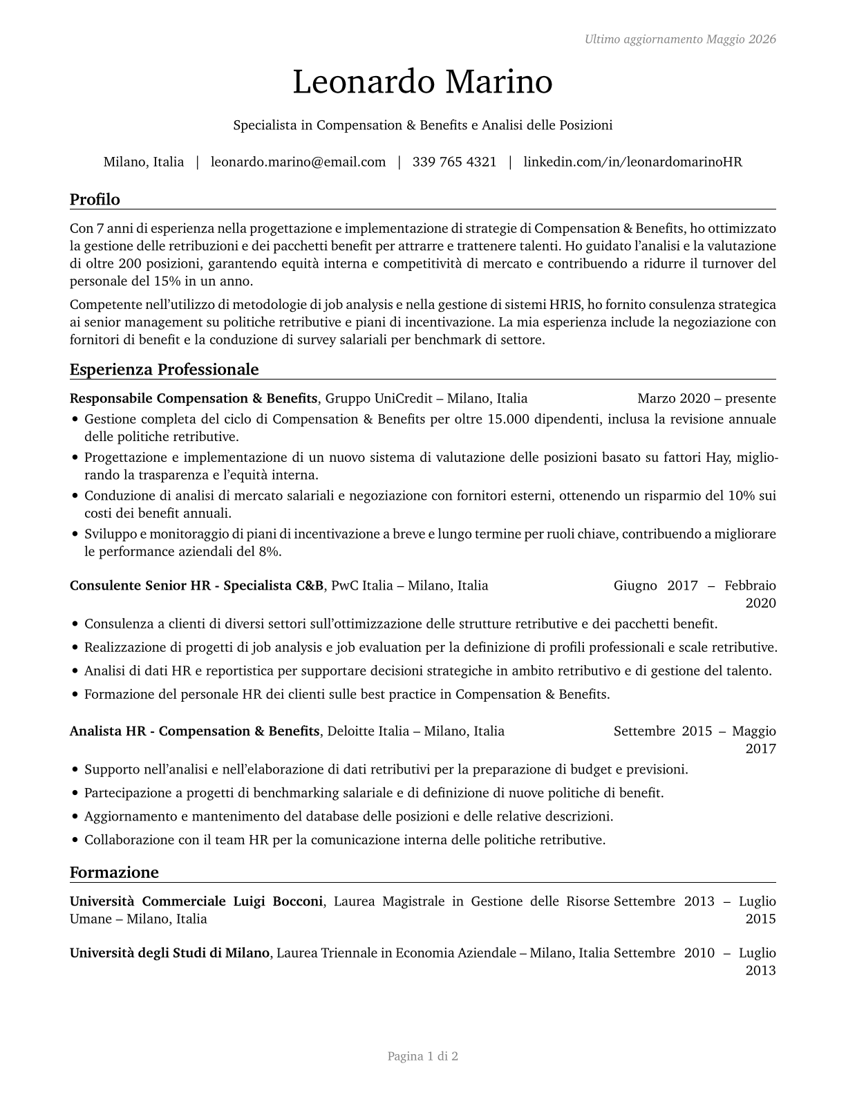 Compensation, Benefits, and Job Analysis Specialists CV in Italian — page 1