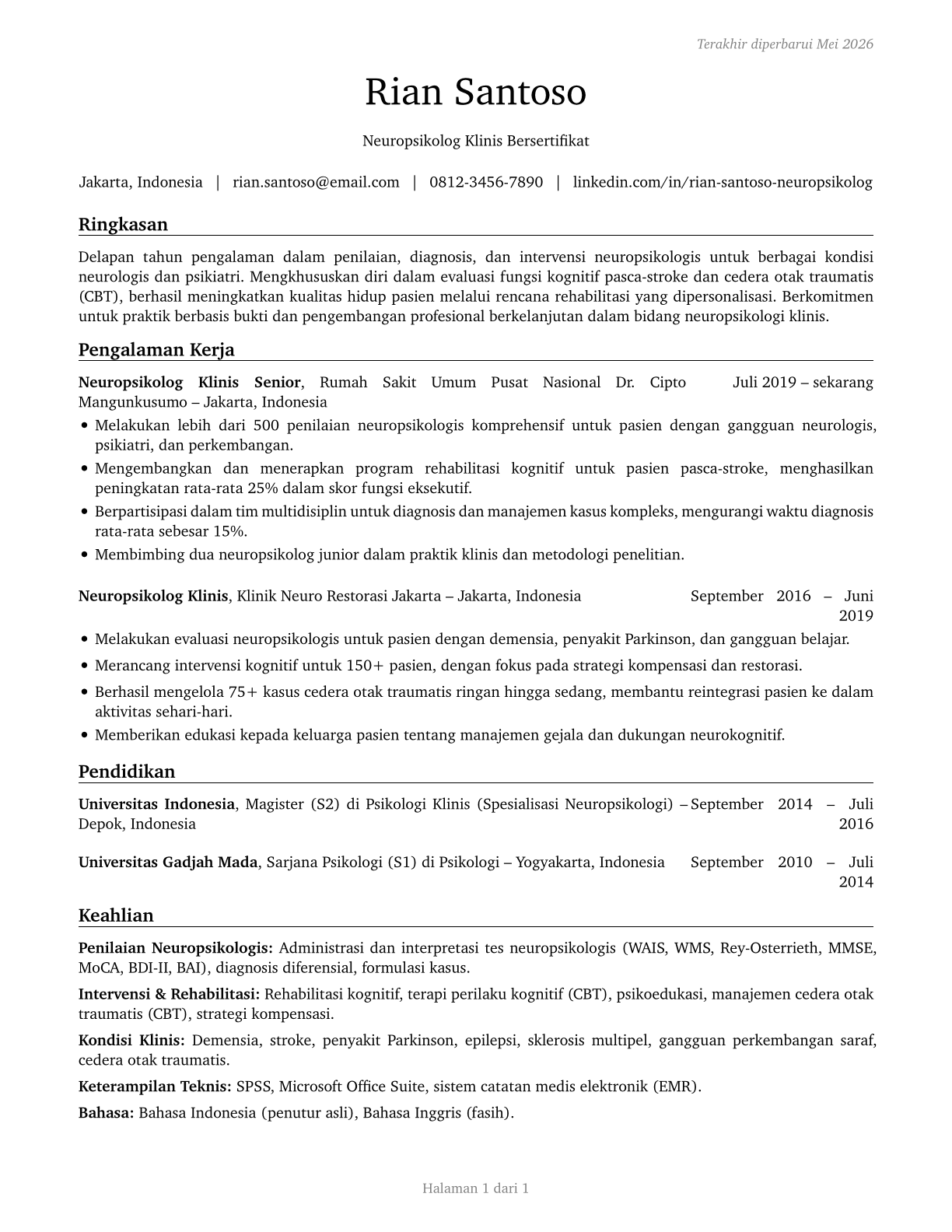 Clinical Neuropsychologists CV in Indonesian — page 1